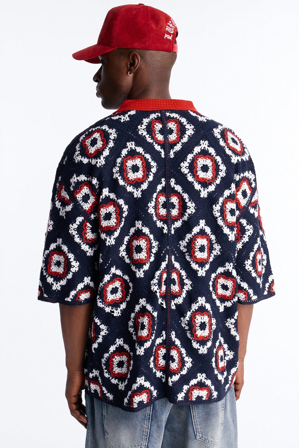 Kaleido Bloom Crochet Button Up Shirt - Navy