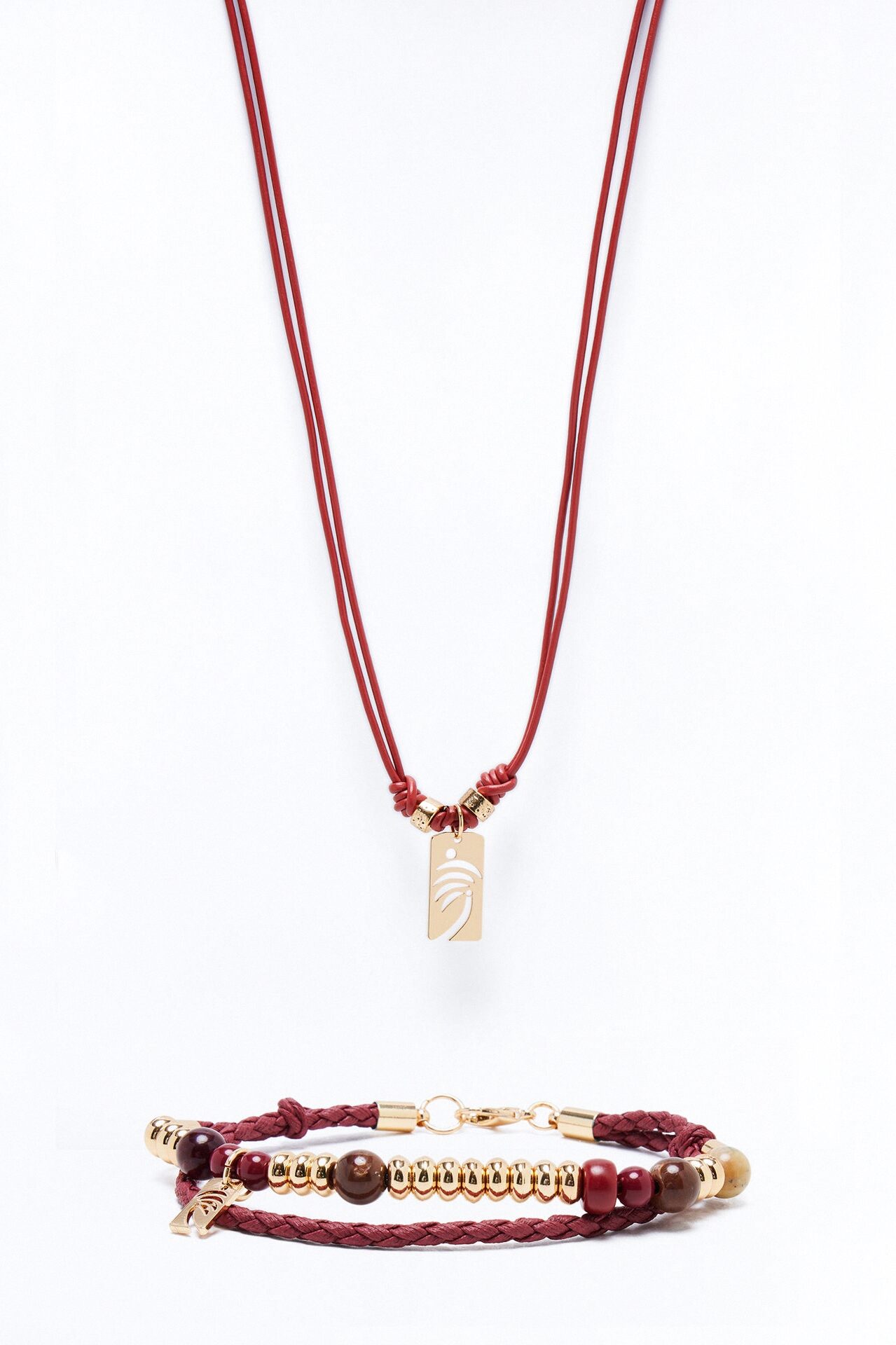 Palm Faux Leather Cording Necklace And Bracelet Set - Burgundy