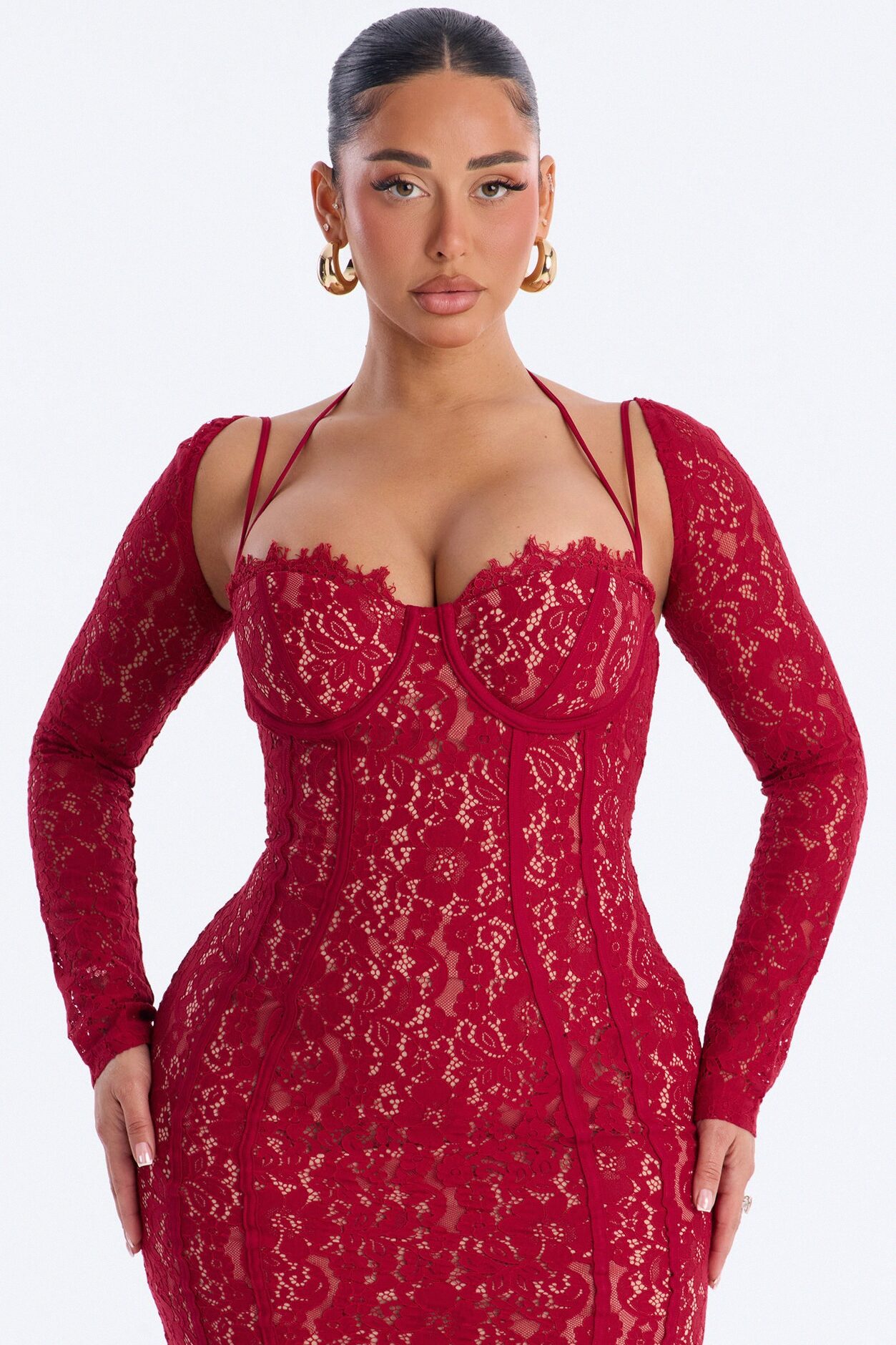Cleo Long Sleeve Lace Maxi Dress - Red
