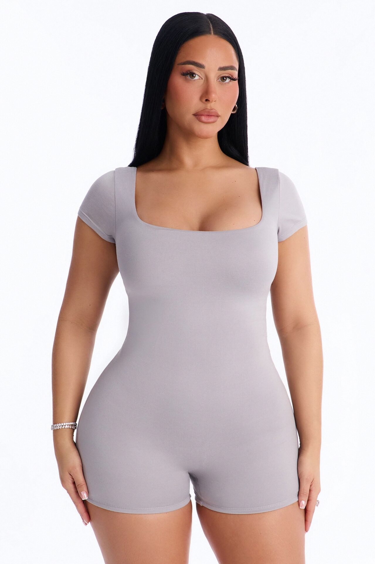 Mindy Double layer Square Neck Romper - Light Grey