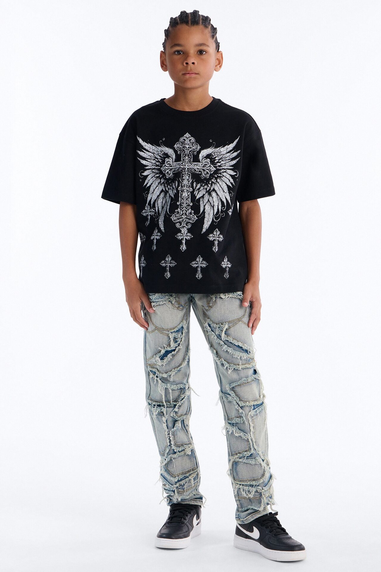 Mini Crosses Forever Rhinestones Oversized Short Sleeve Tee - Black