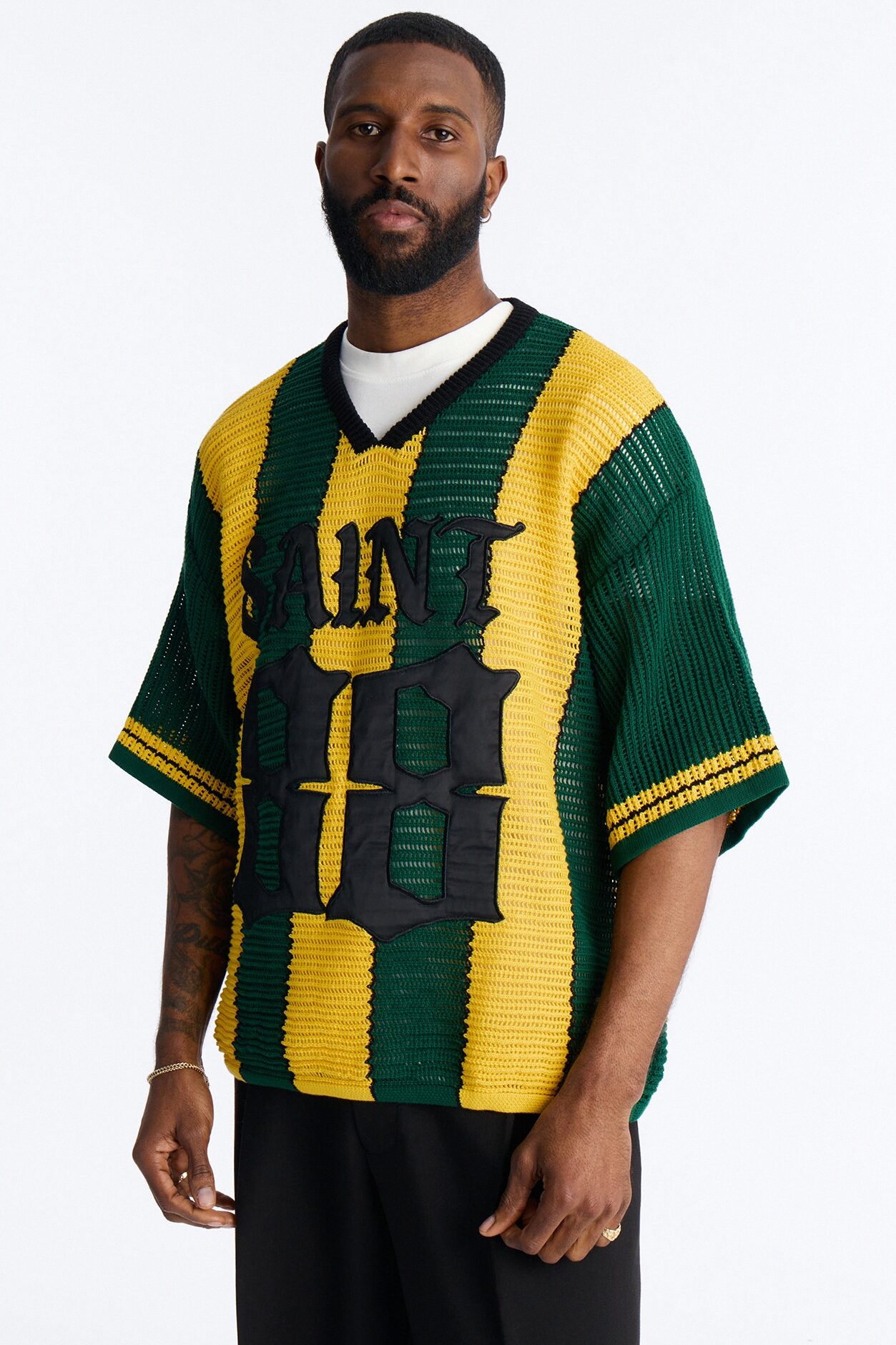 Saint 88 Cross Stripe Short Sleeve Knit Jersey - Yellow