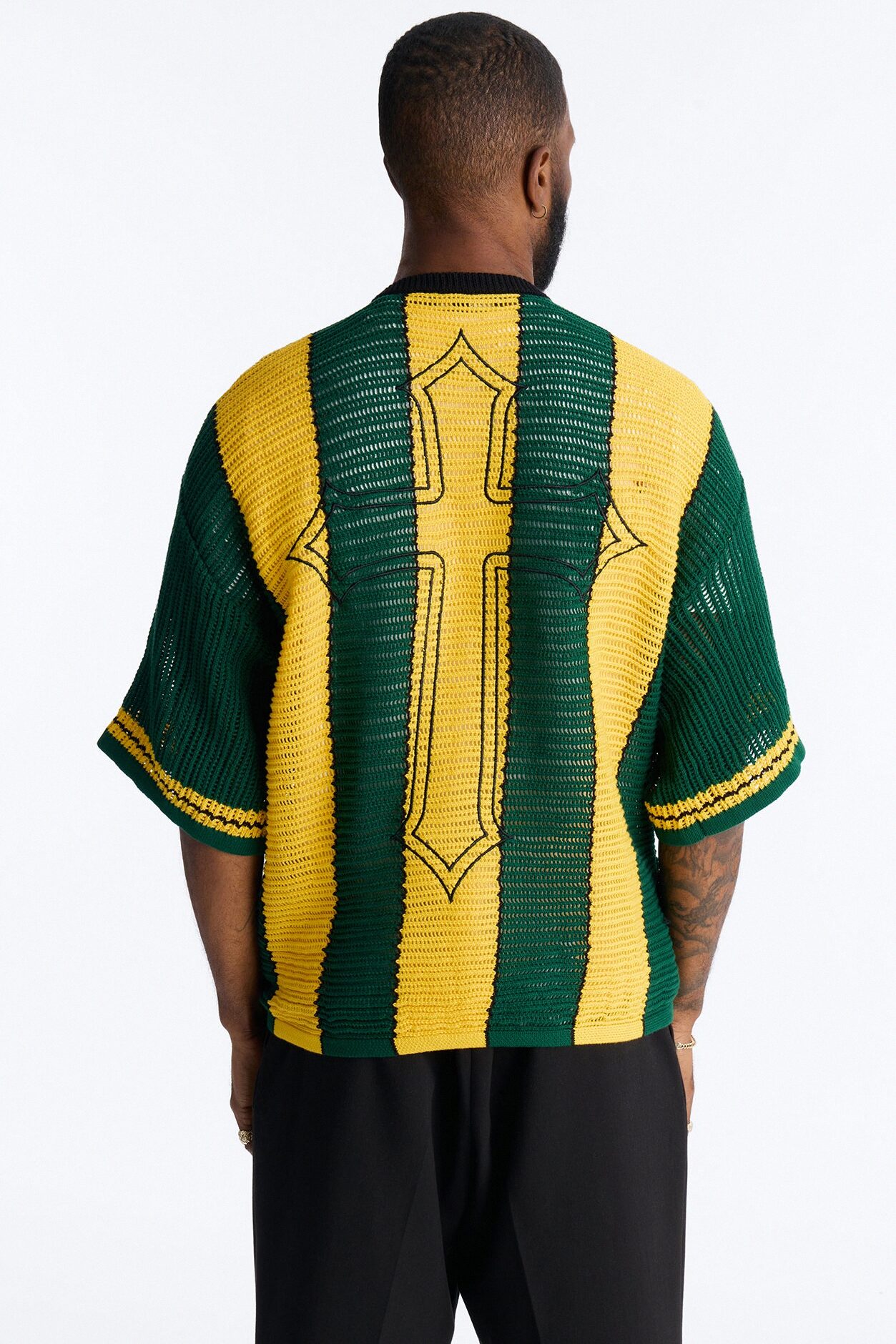 Saint 88 Cross Stripe Short Sleeve Knit Jersey - Yellow