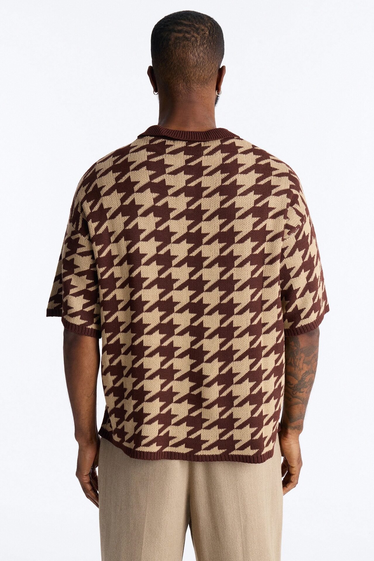 Houndstooth Short Sleeve Knitted Polo - Brown