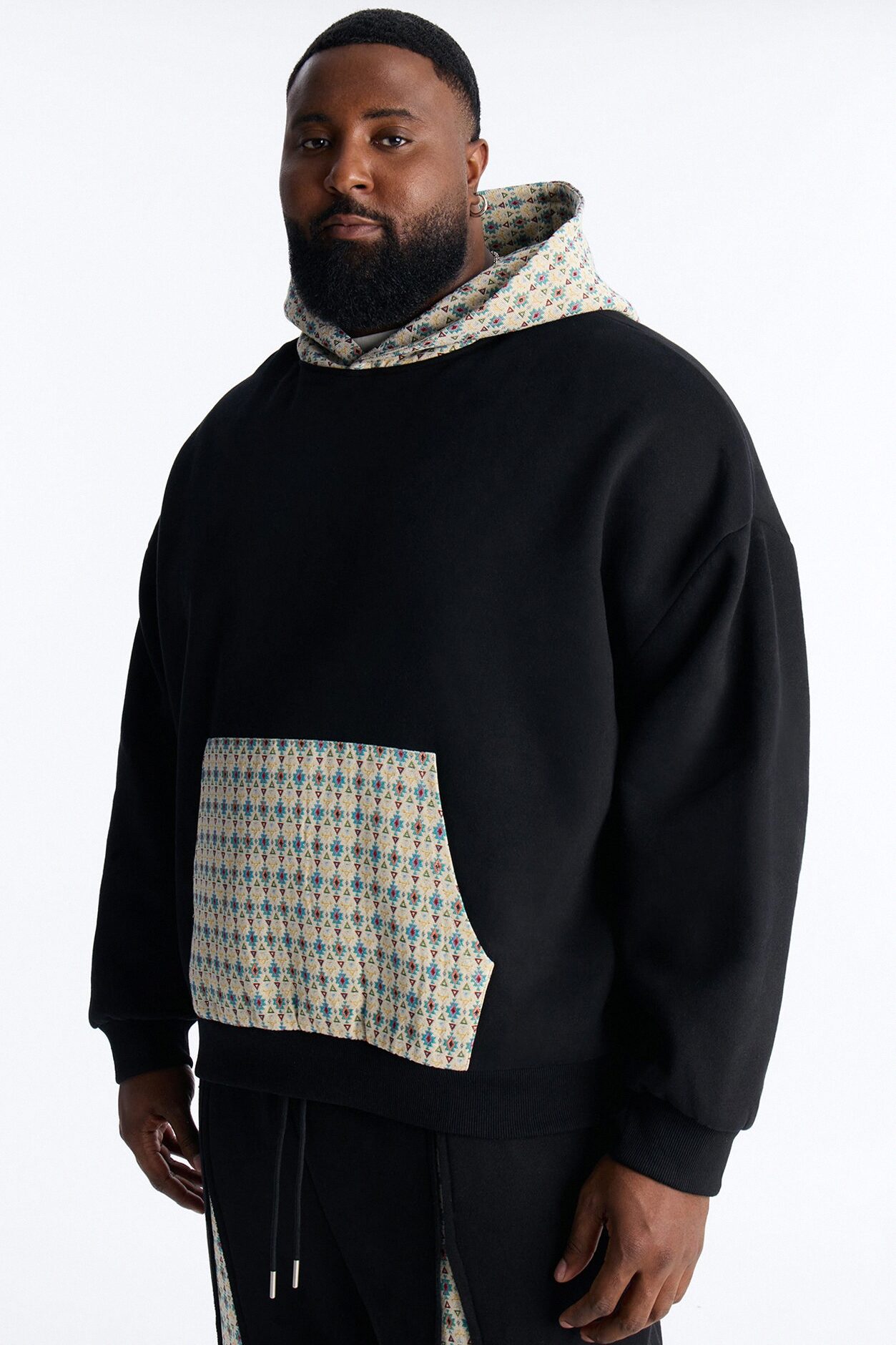 Oversized Mixed Media Tapestry Paneled Hoodie - Black