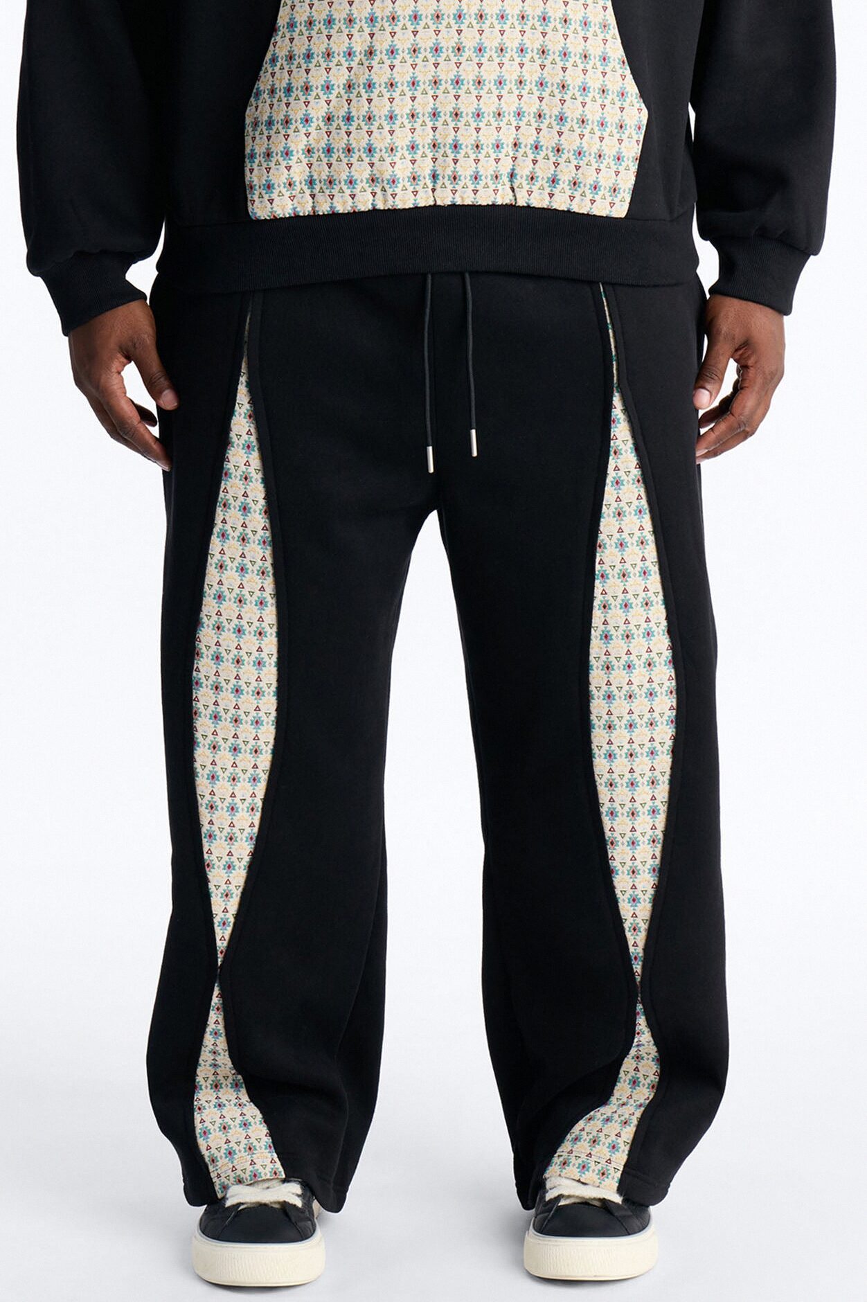 Baggy Mixed Media Tapestry Paneled Sweatpants - Black