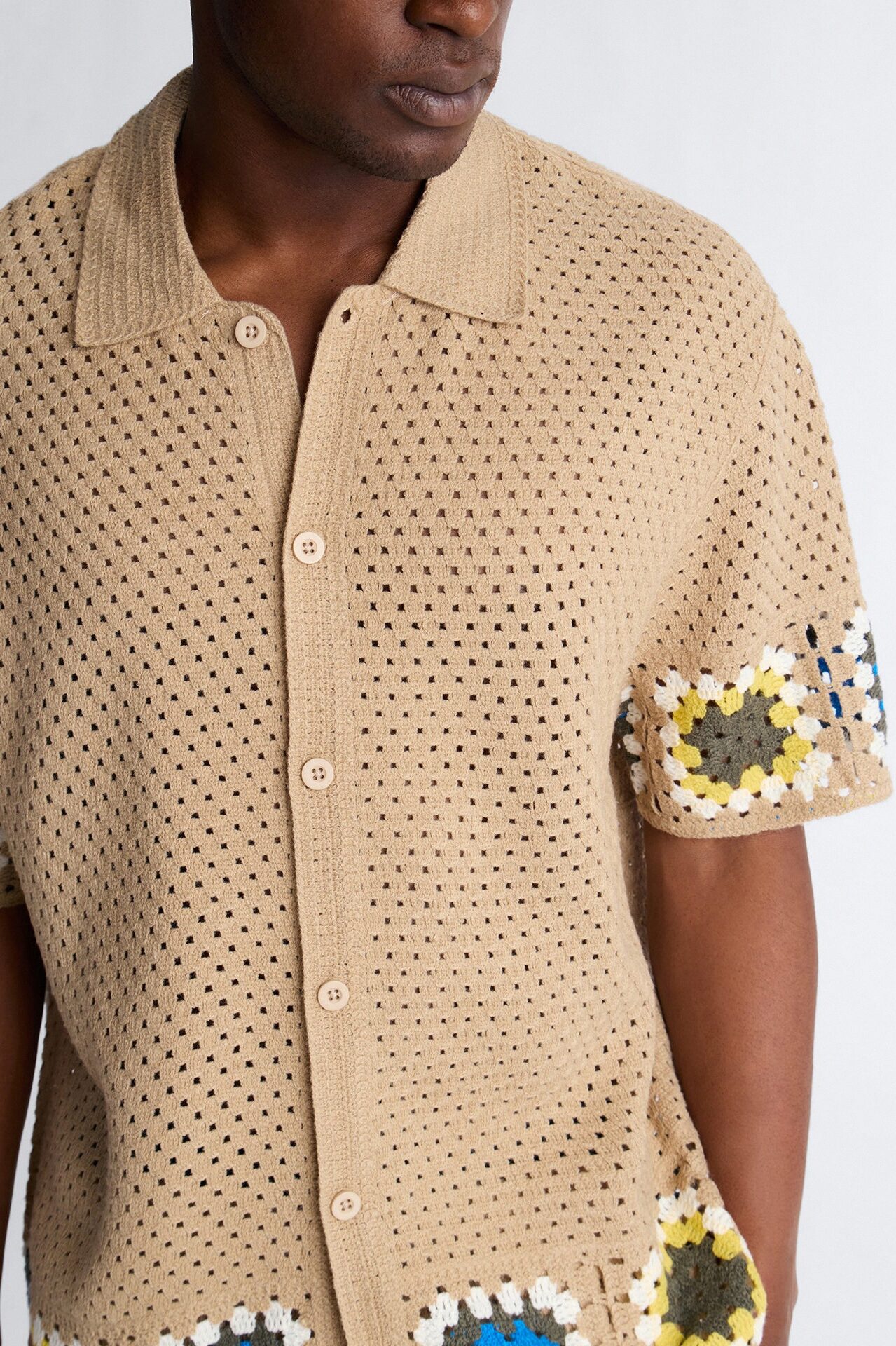 Relaxed Daisy Daze Crochet Button Up Shirt - Tan