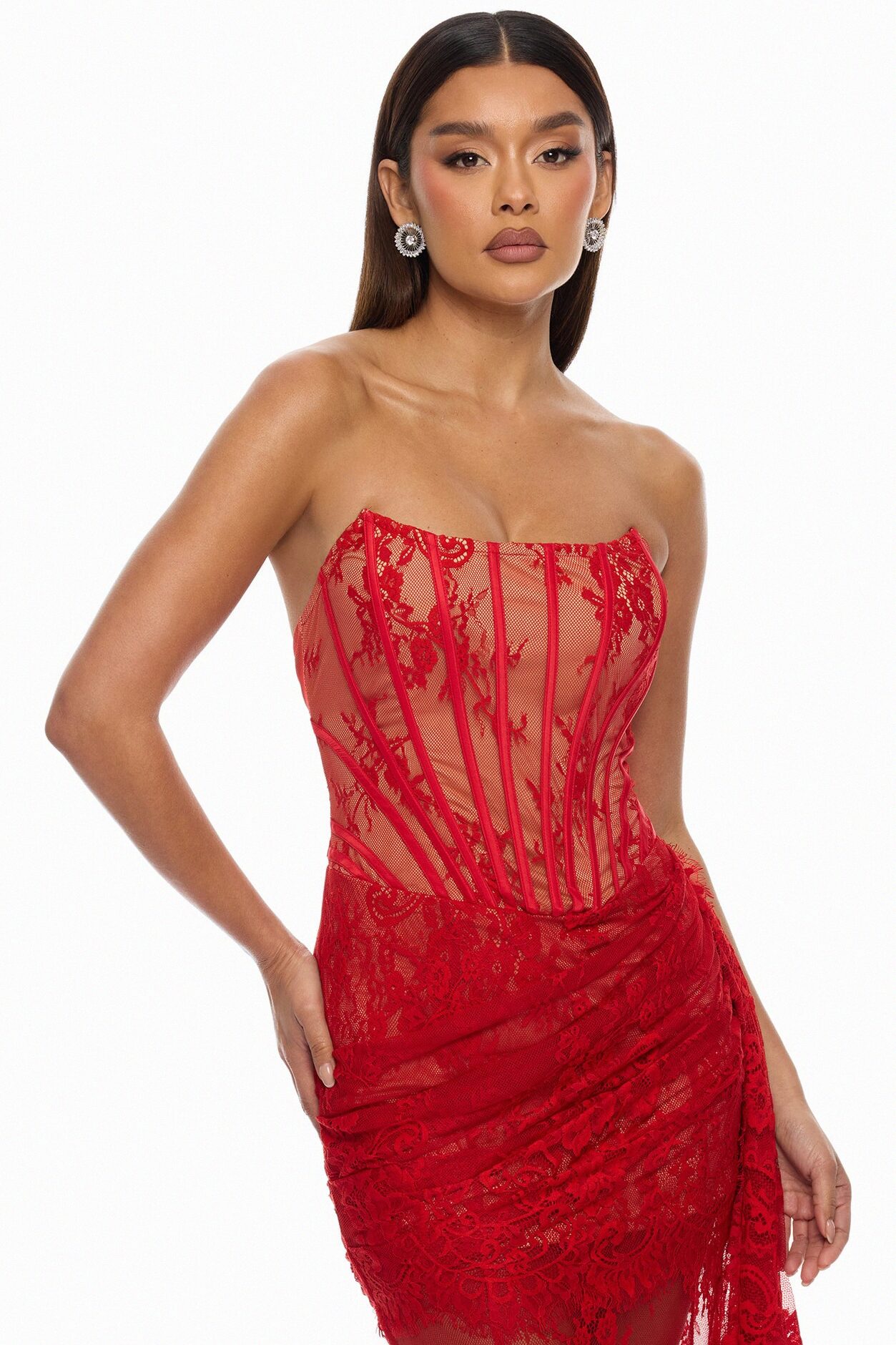 Be Mine Draped Lace Maxi Dress - Red