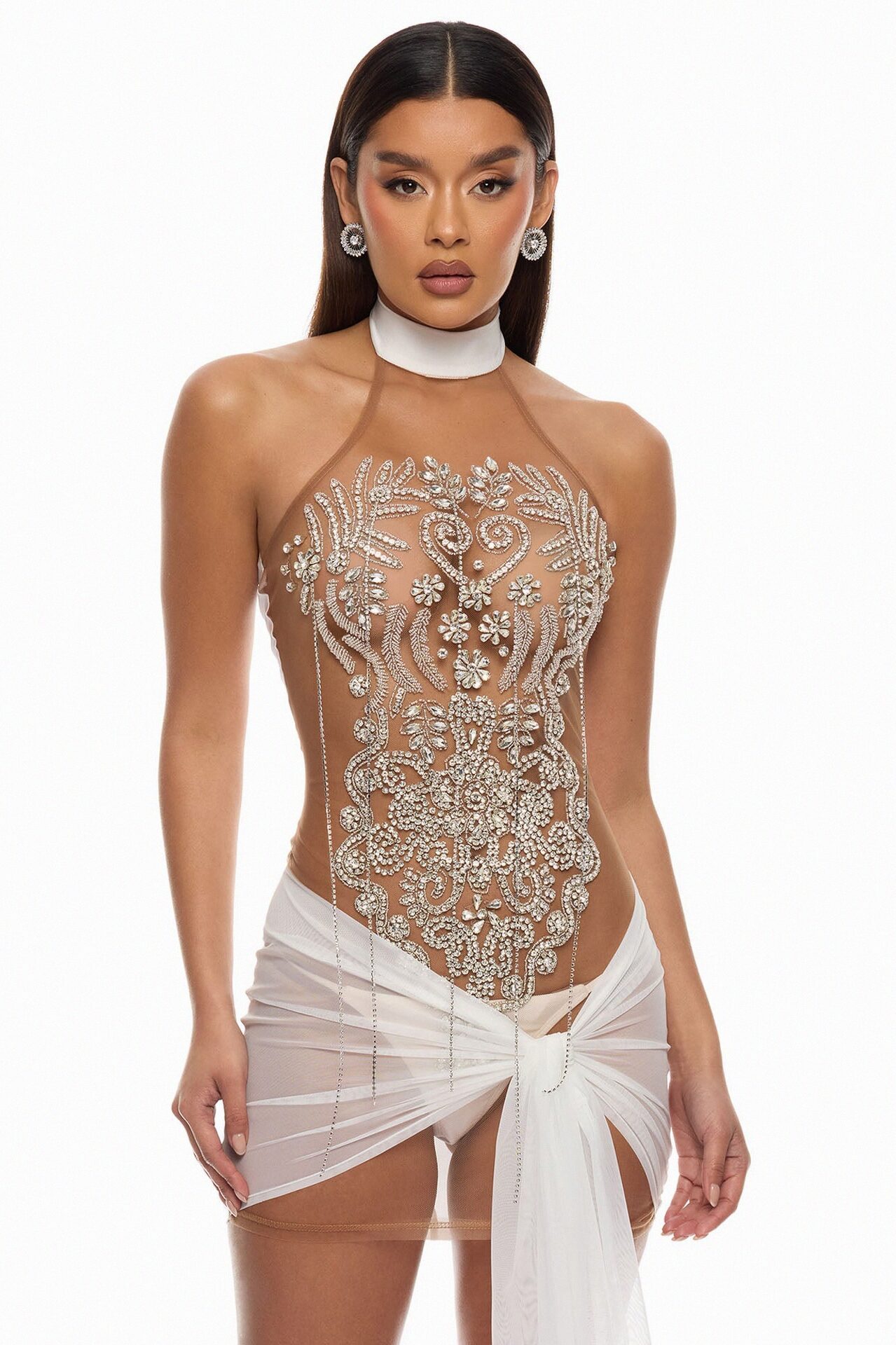 Jaw Dropped Rhinestone Mini Dress - White