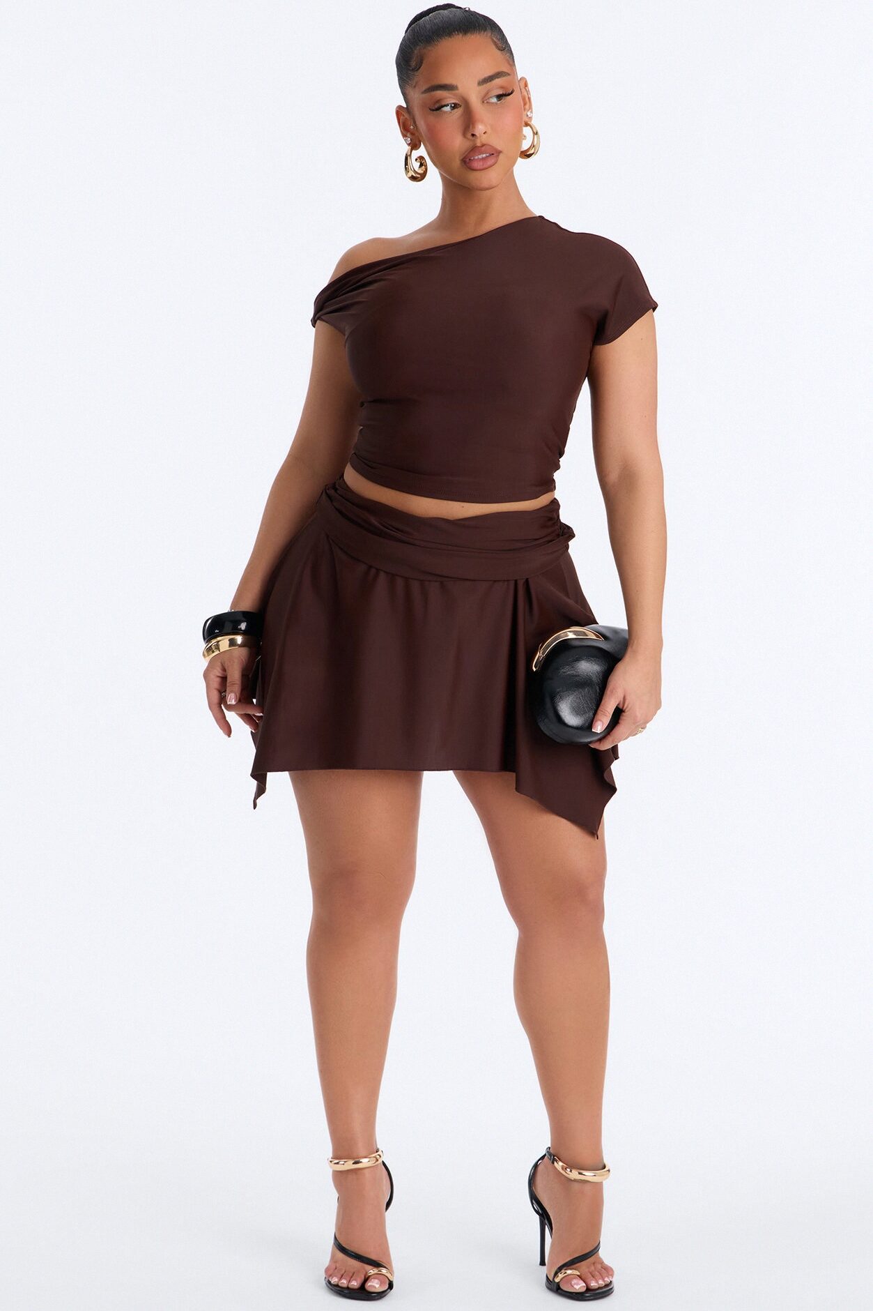 Gabriella Off Shoulder Asymmetrical Skirt Set - Brown
