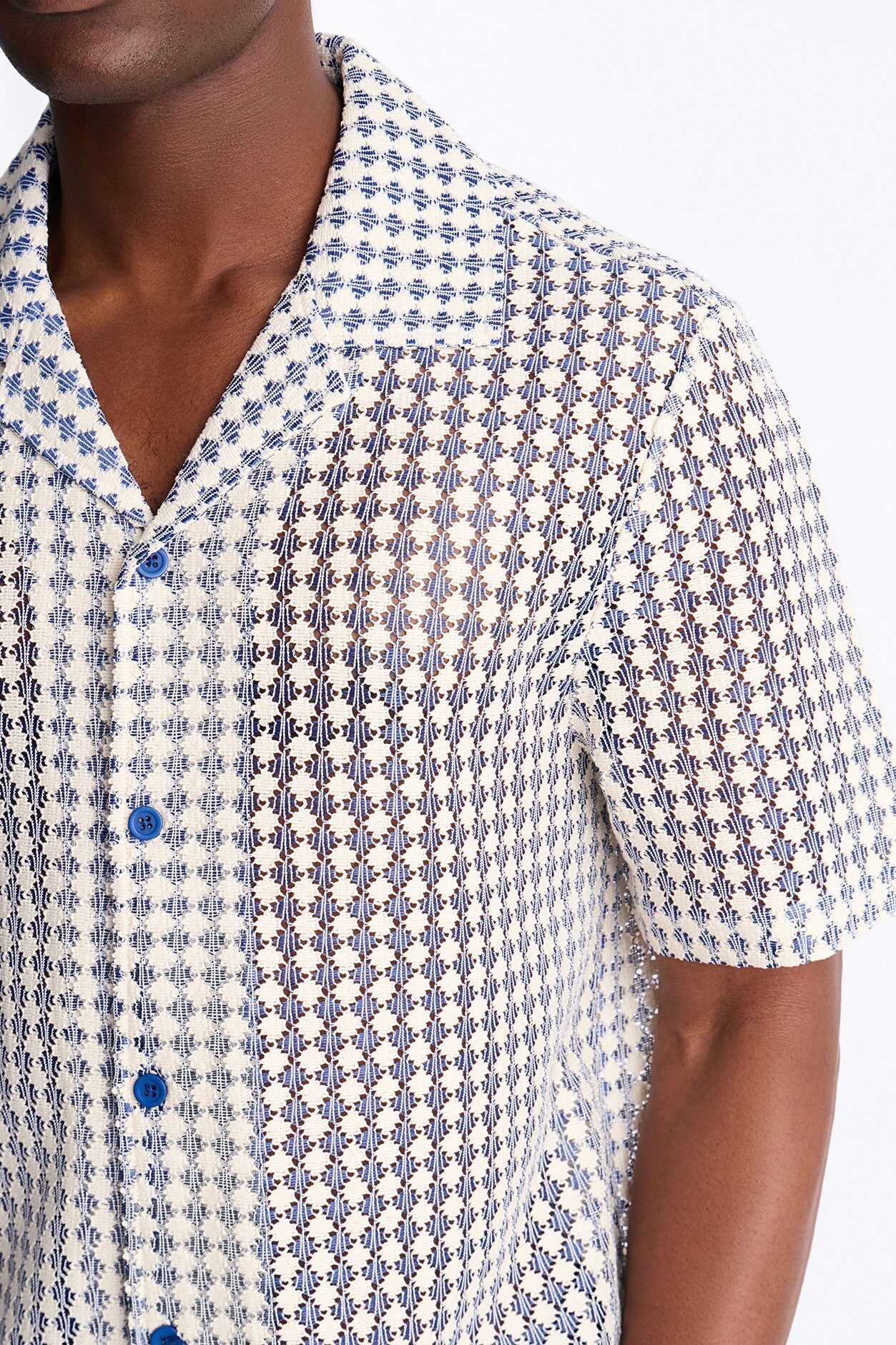 Skypuff Cloud Short Sleeve Cuban Collar Button Up Shirt - Blue