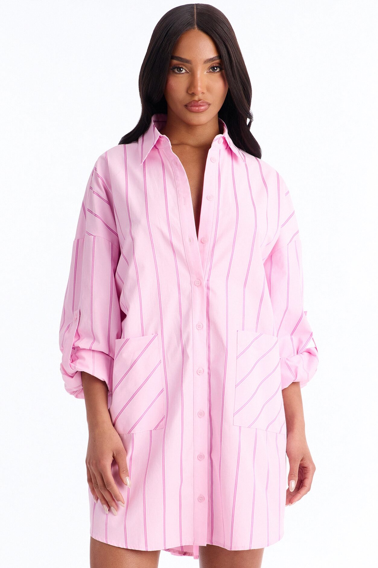 Izzy Pinstripe Shirt Micro Mini Dress - Pink