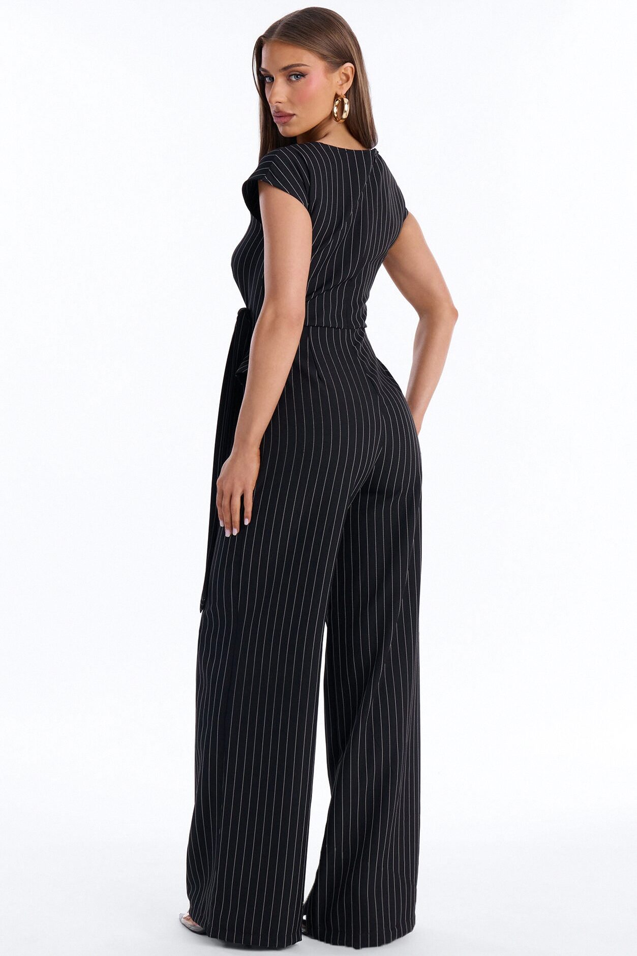 Paulina Pinstripe Wide Leg Jumpsuit - Black