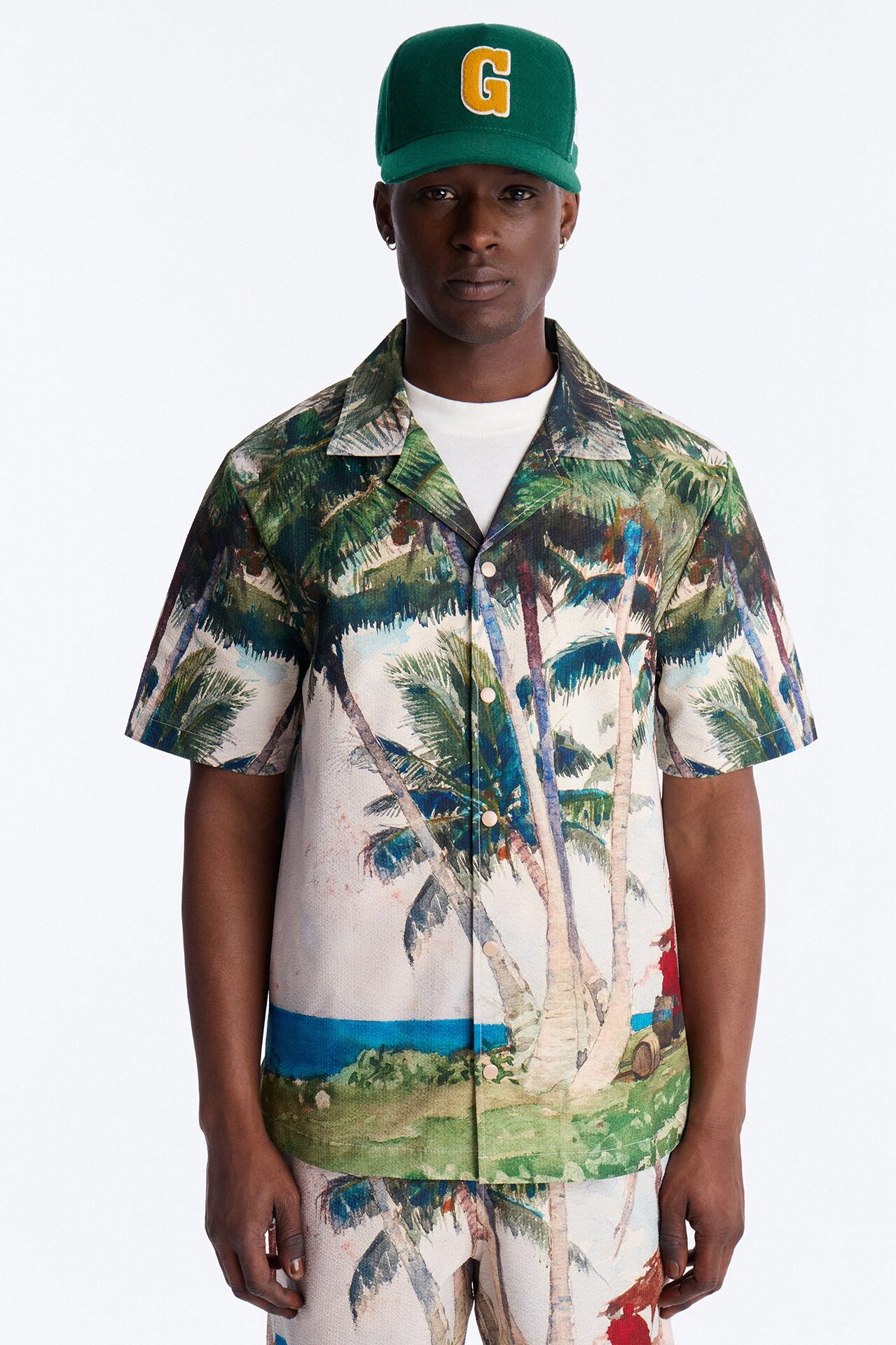 Tropical Get Away Printed Seersucker Cuban Collar Button Up Shirt - Multi Color