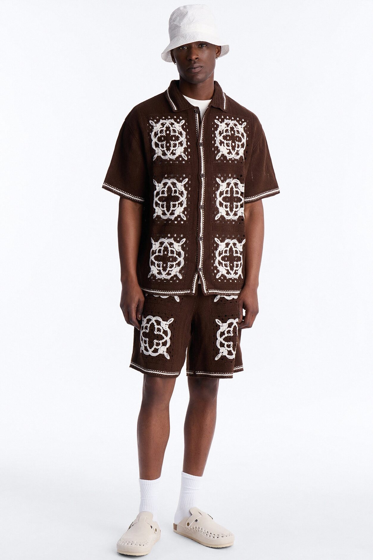Lido Isle Crochet Button Up Shirt - Brown