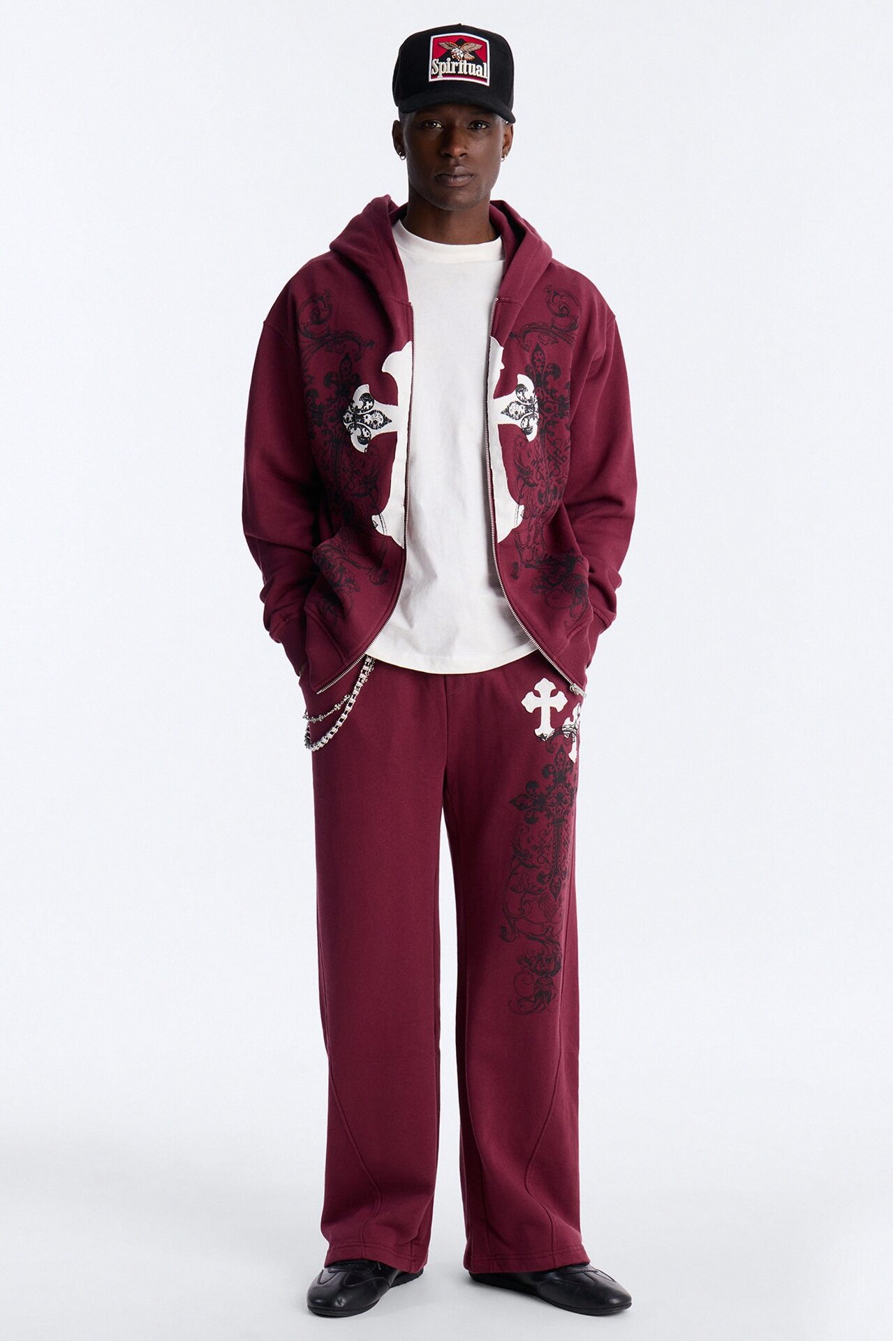Cross Patch Zip Hoodie - Burgundy