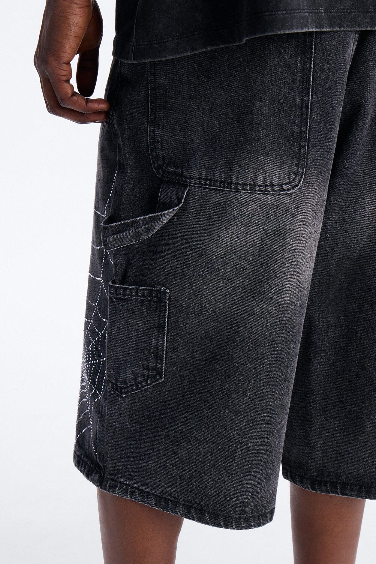 Baggy Jeweled Web Carpenter Denim Short - Black Wash