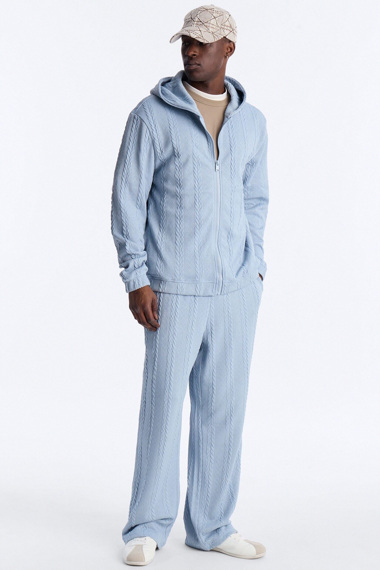 Textured Cozy Braided Hooded Jacket - Blue