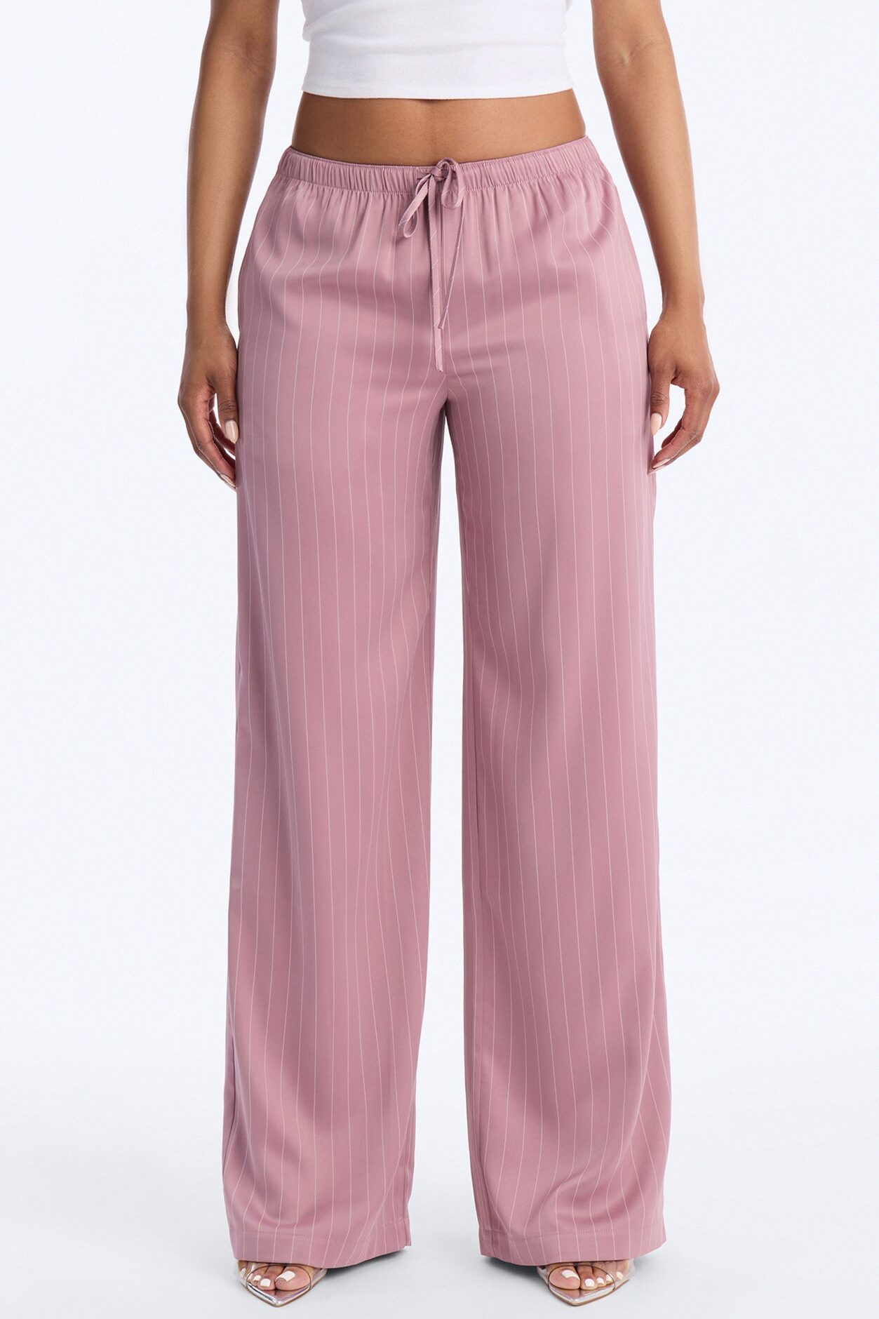 Lulu Pinstripe Satin Wide Leg Pant 32″ - Mauve