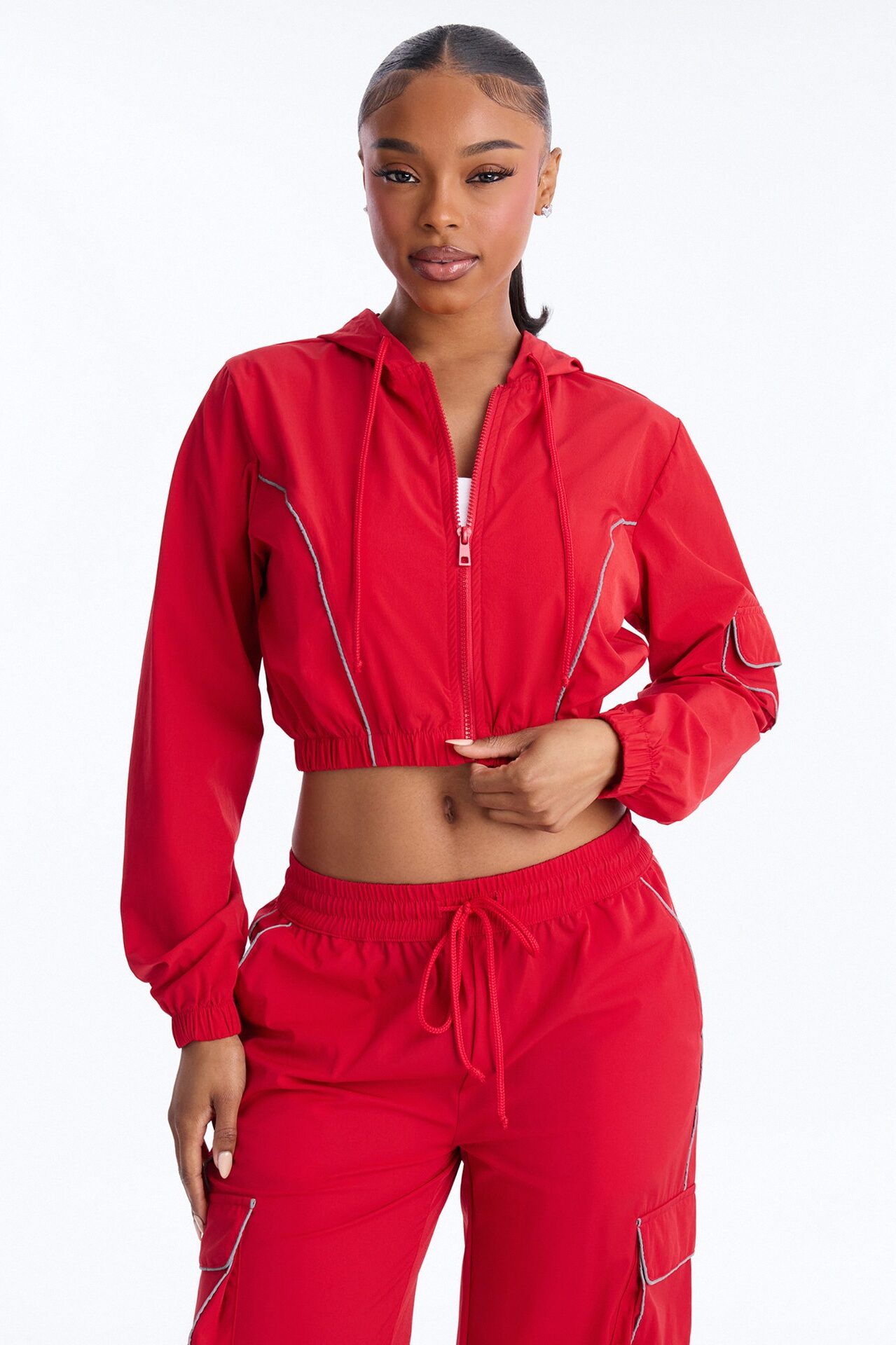 Nessa Nylon Cargo Hoodie Jogger Set - Red