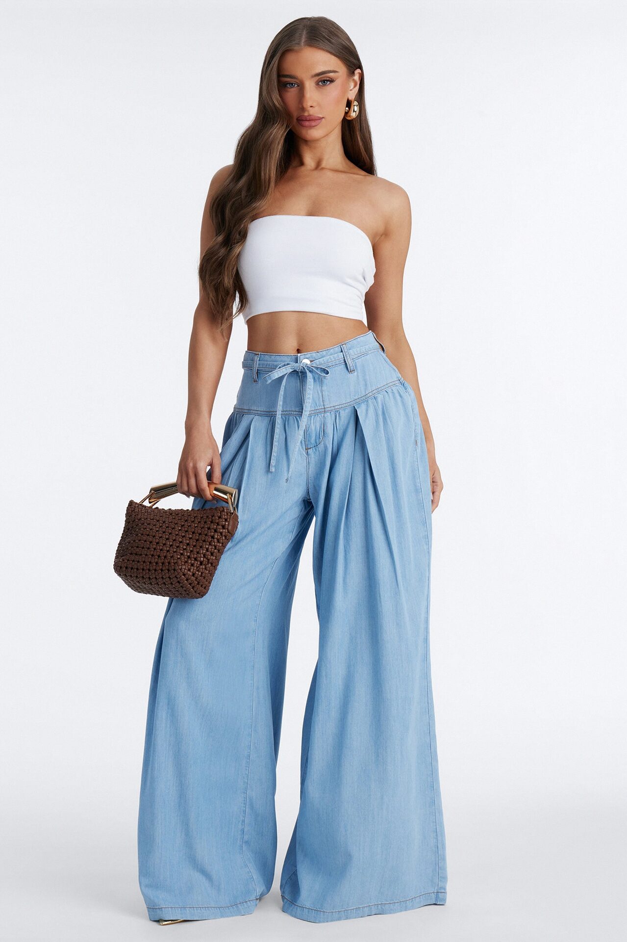 Golden Hour Chambray Tie Waist Pant 33″ - Light Wash