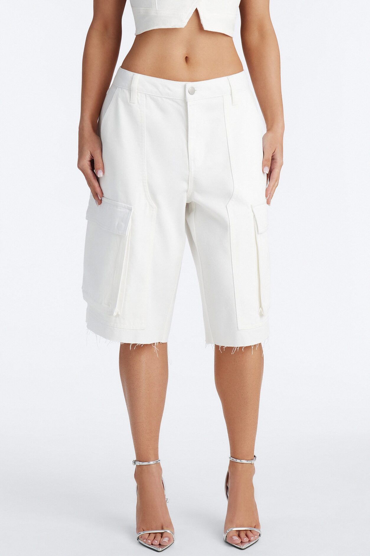 Lillia Frayed Hem Cargo Bermuda Short - White