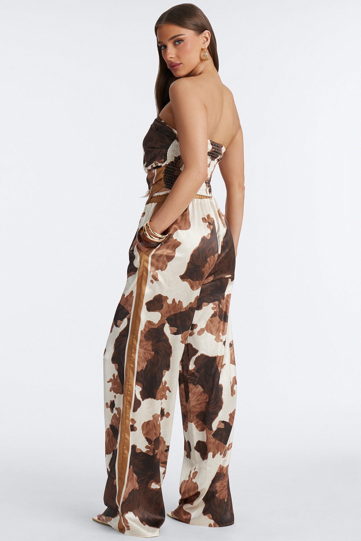 Noelle Cow Print Satin Pant Set - Brown/combo