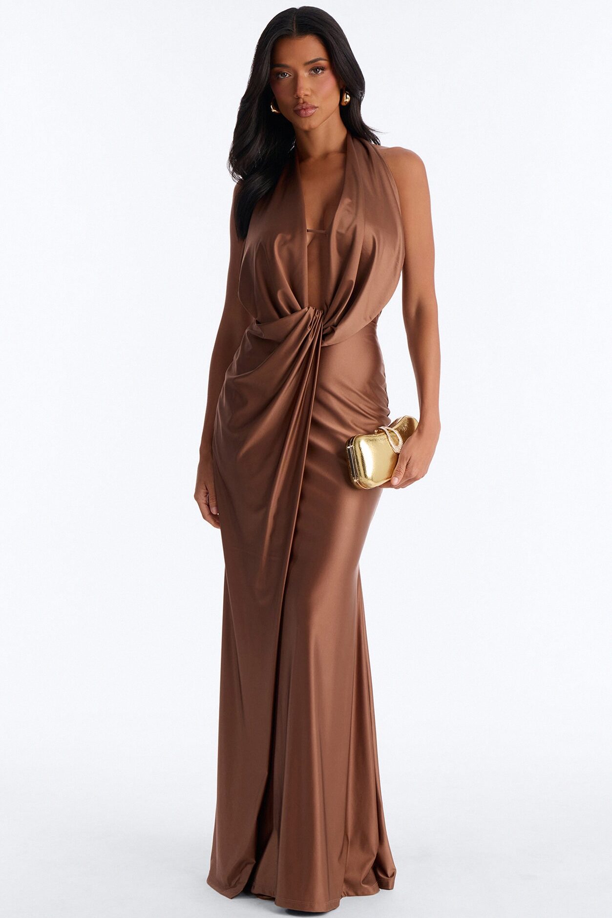 Gloria Draped Satin Gown - Mocha