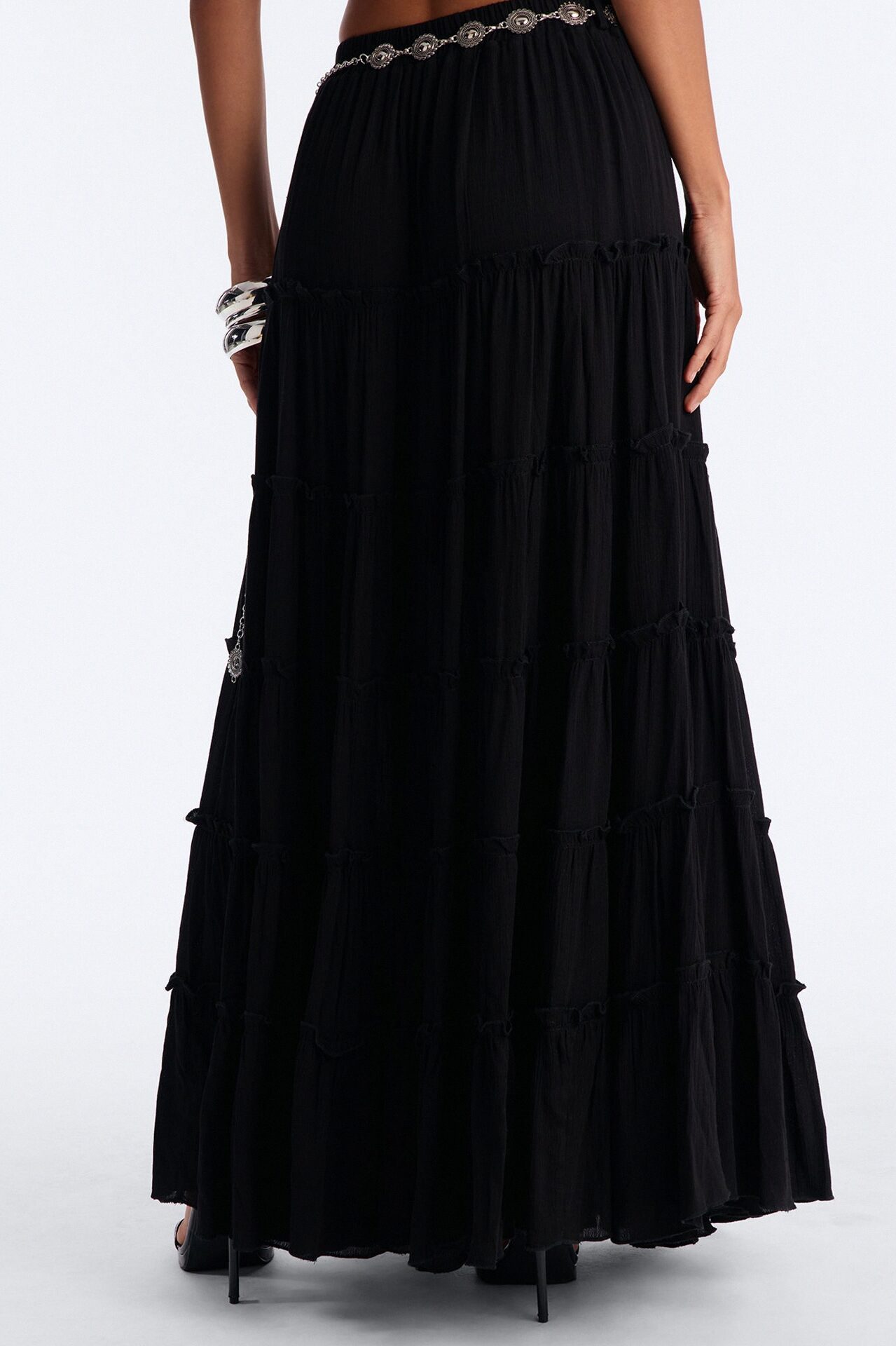 Free Spirit Low Rise Belted Tiered Maxi Skirt - Black