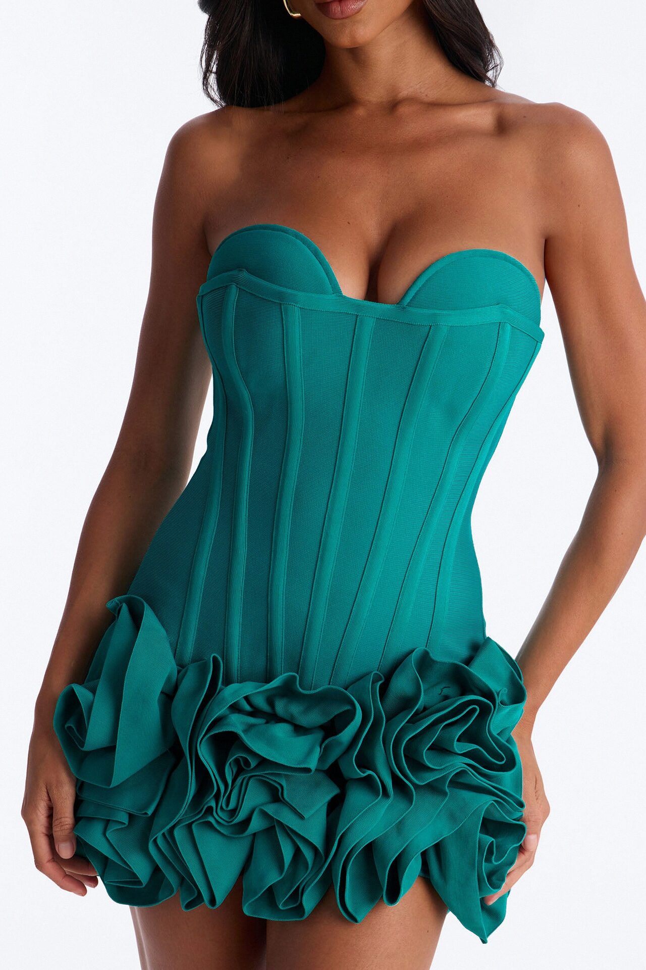 Blessed Beauty Ruffle Rosette Bandage Mini Dress - Turquoise