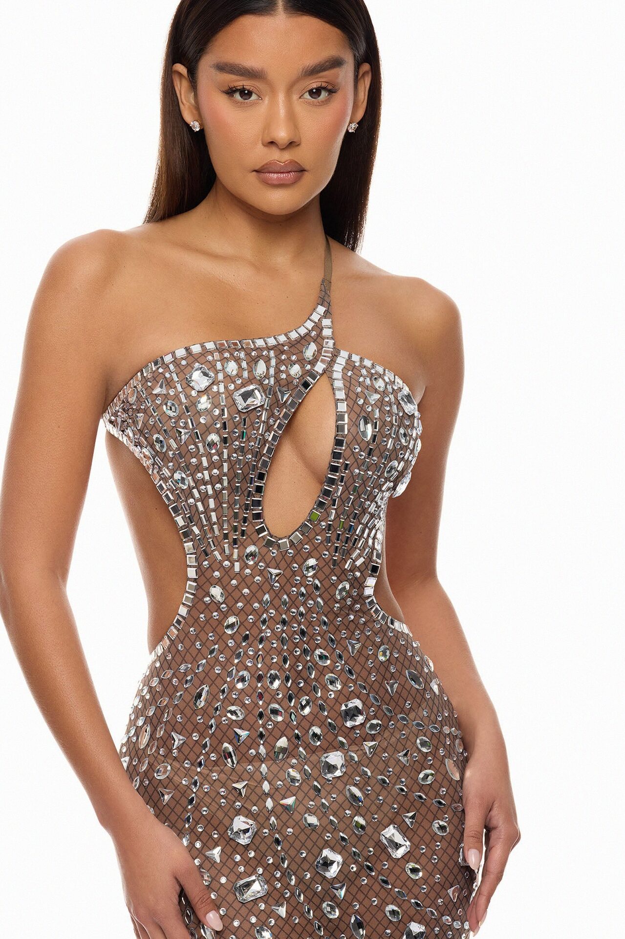 Maria Rhinestone Midi Dress - Nude/combo