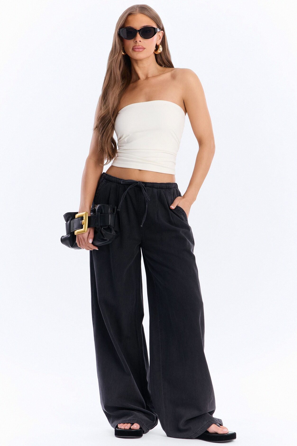 Baeside Tie Waist Wide Leg Jeans - Black