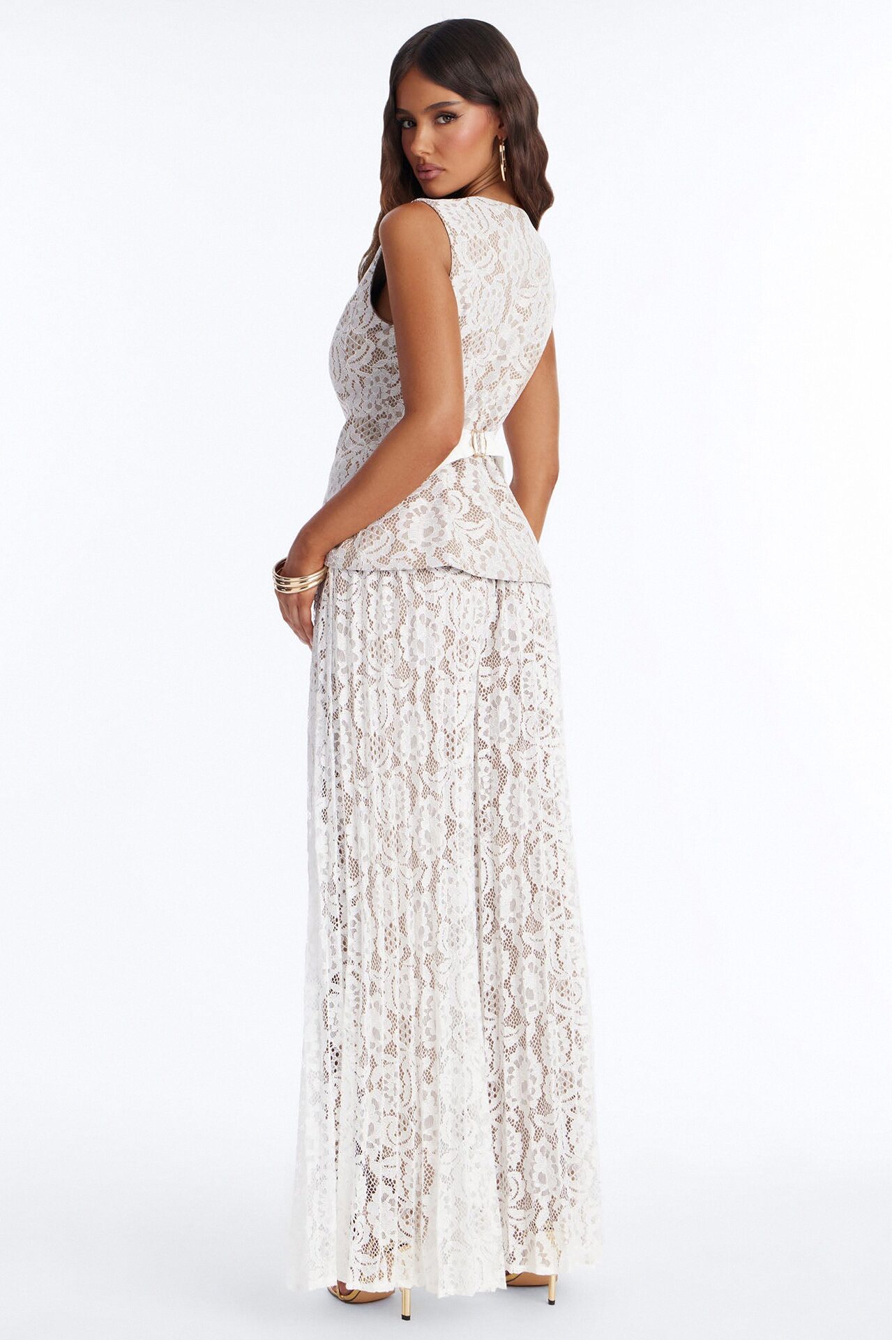London Lace Vest Pleated Pant Set - Ivory