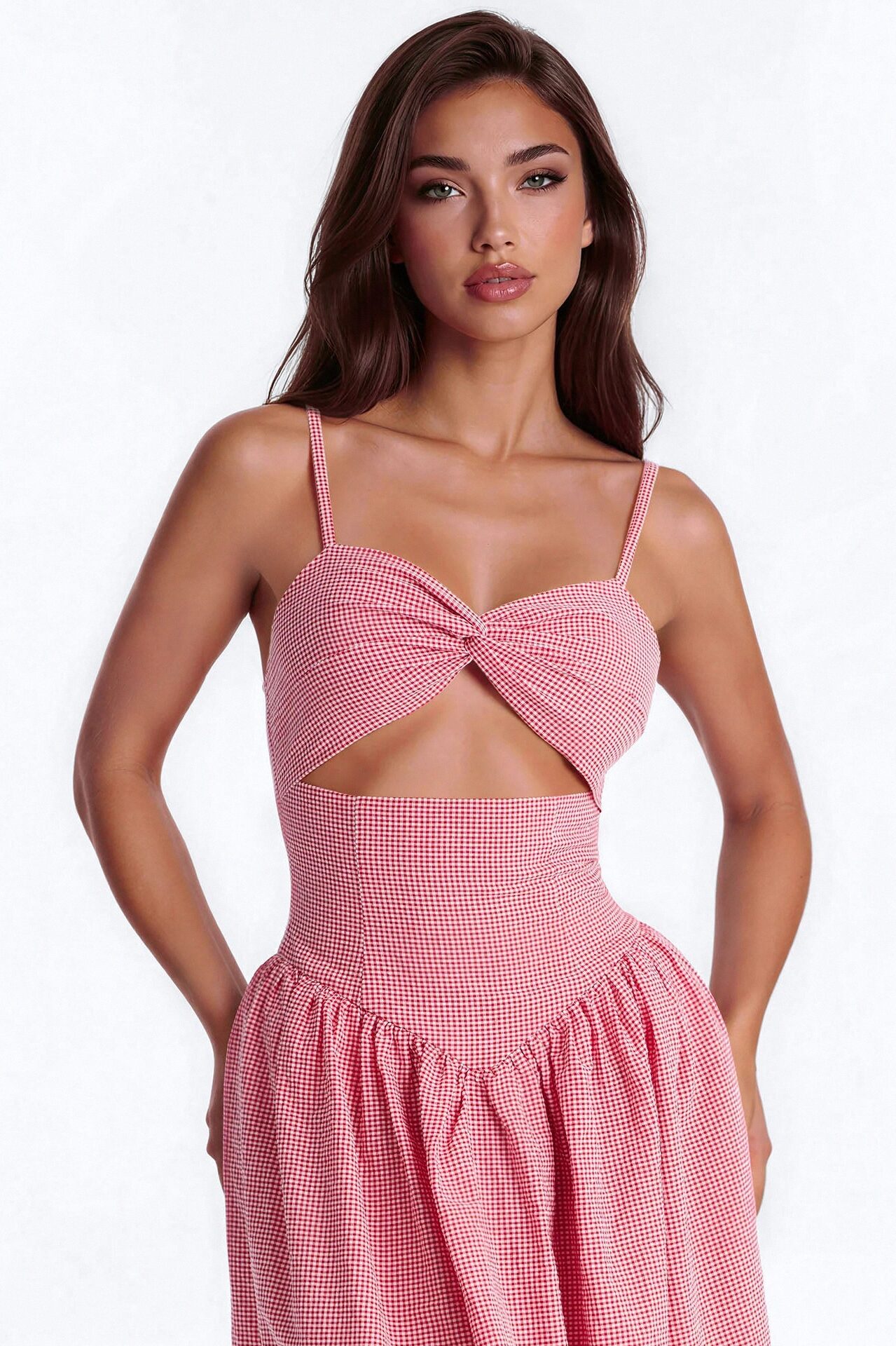 Zella Pleated Gingham Embroidery Midi Dress - Red