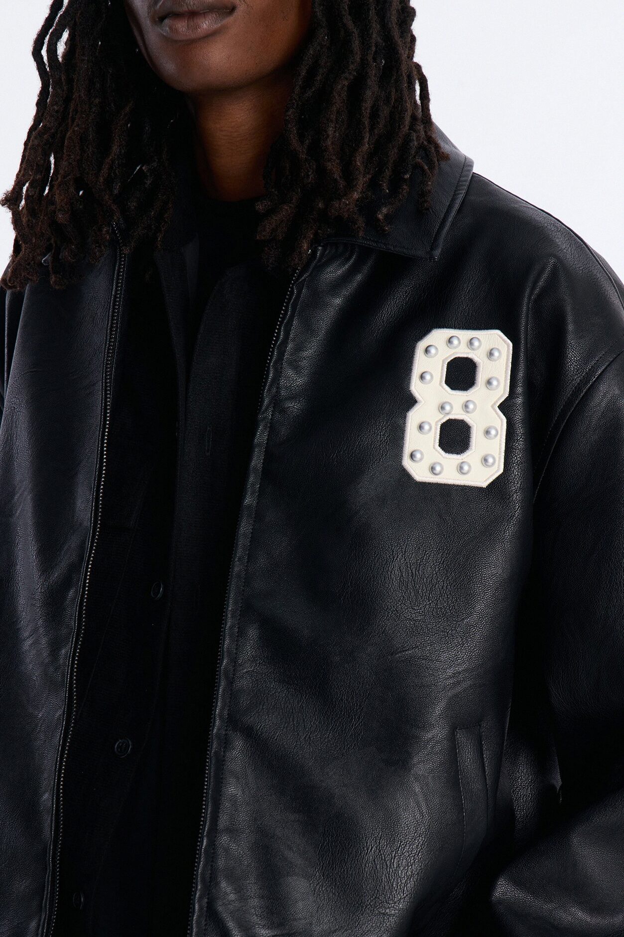 Crimson Blessed Faux Leather Studded Bomber Jacket - Black