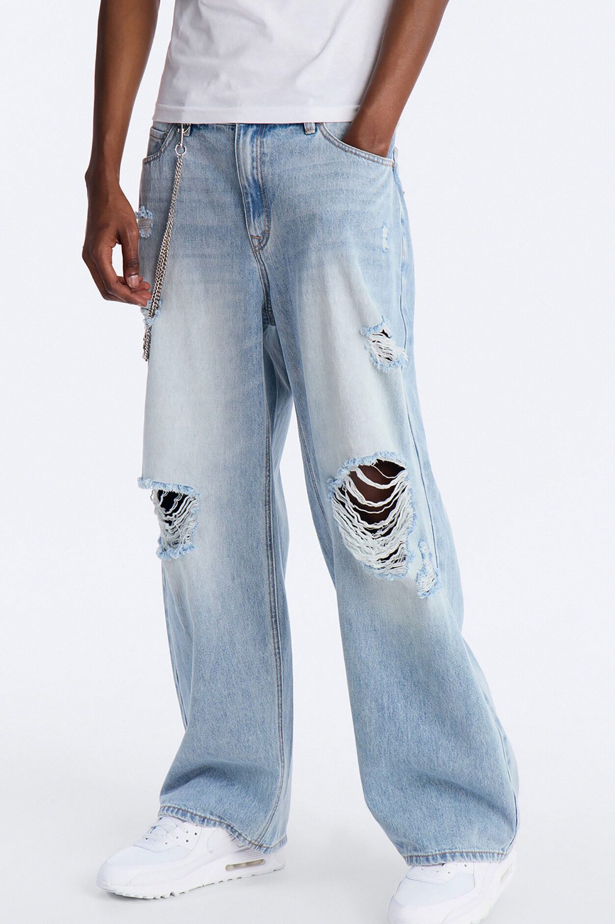 Essential Destroyed Baggy Rigid Jean - Light Blue Wash