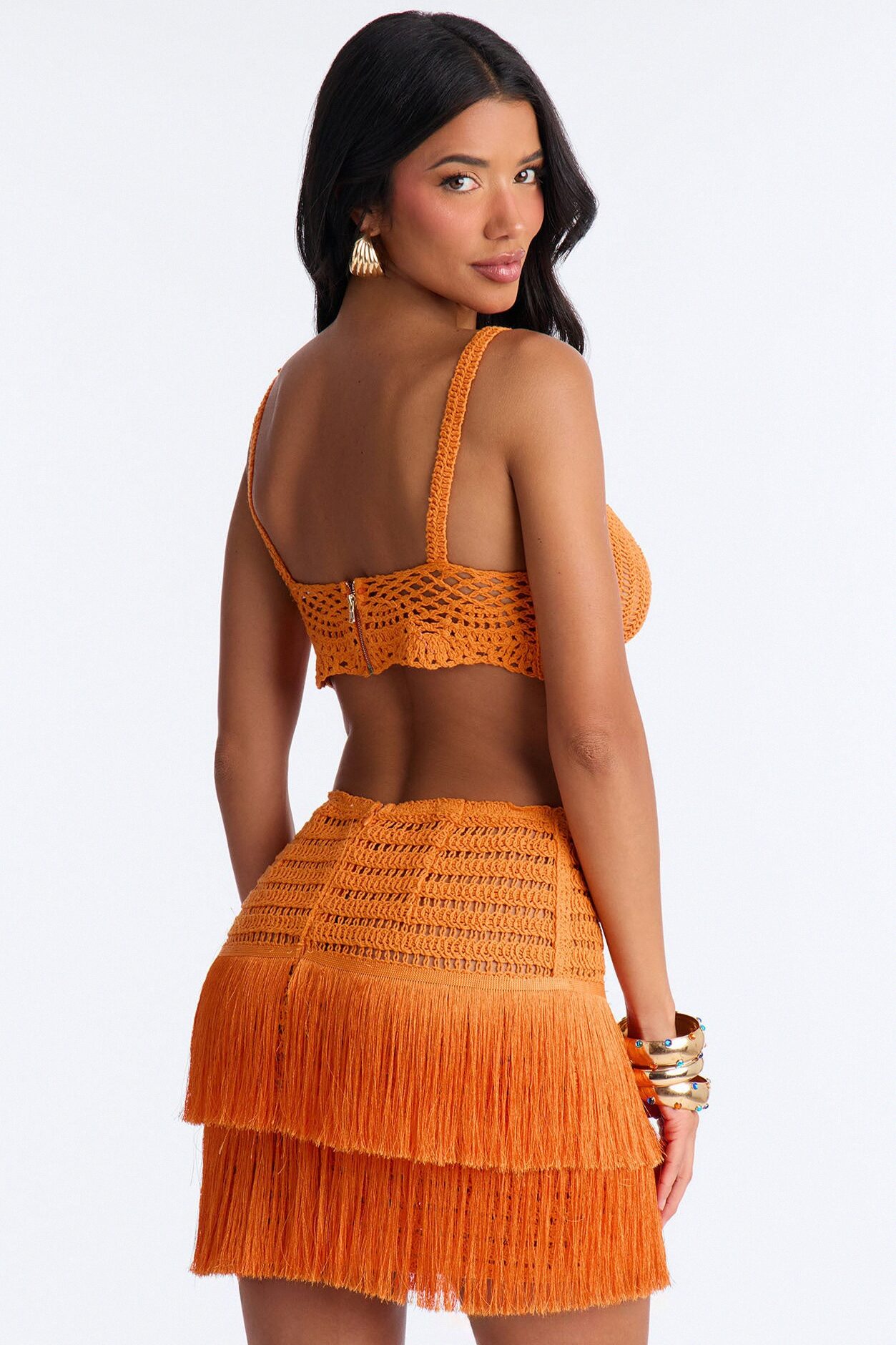 Coastal Crush Crochet Fringe Mini Skirt Set - Orange