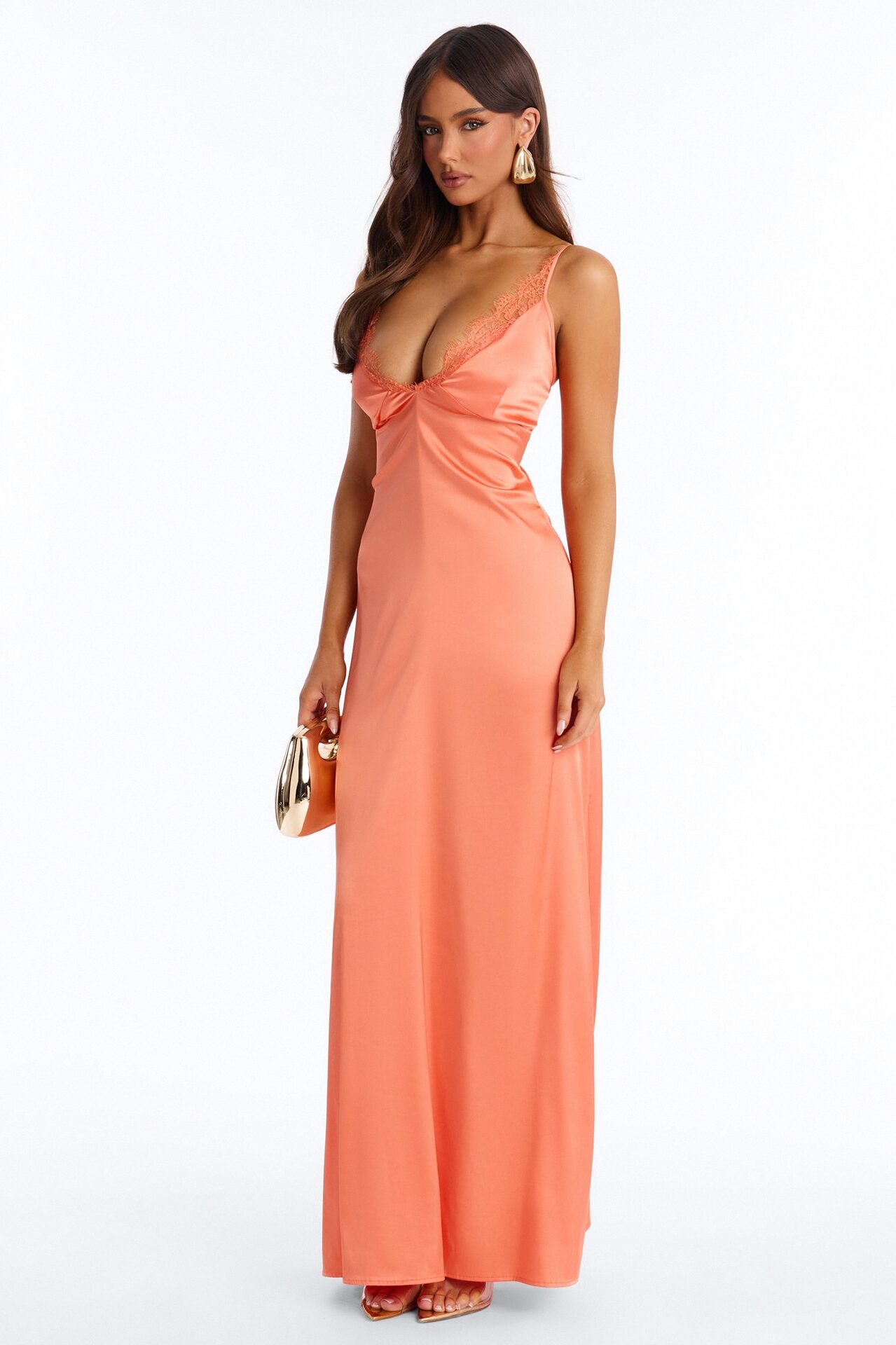 Klara Lace Trim Satin Maxi Dress - Orange