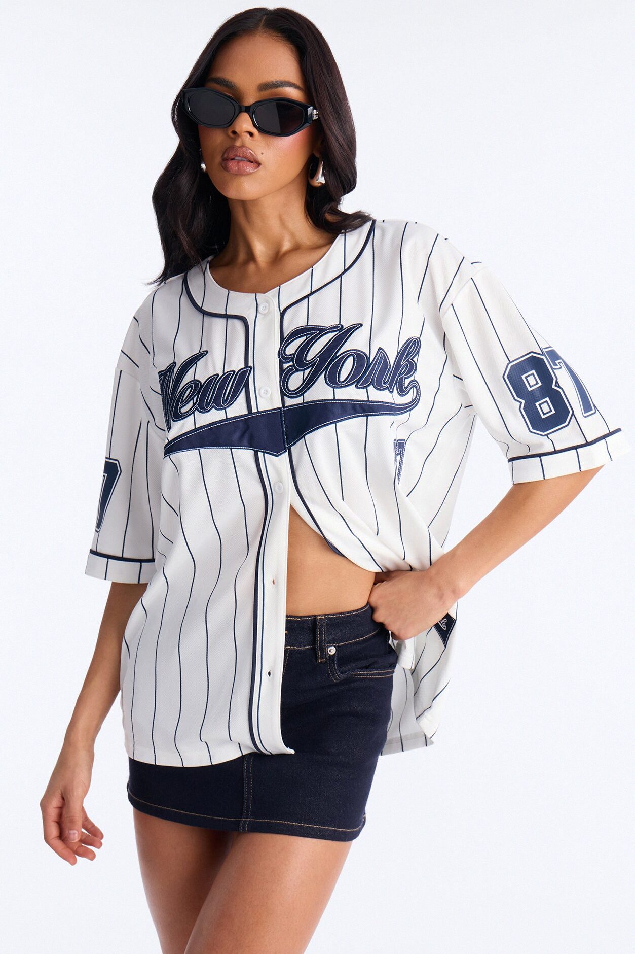 New York Pinstripe Baseball Jersey - White