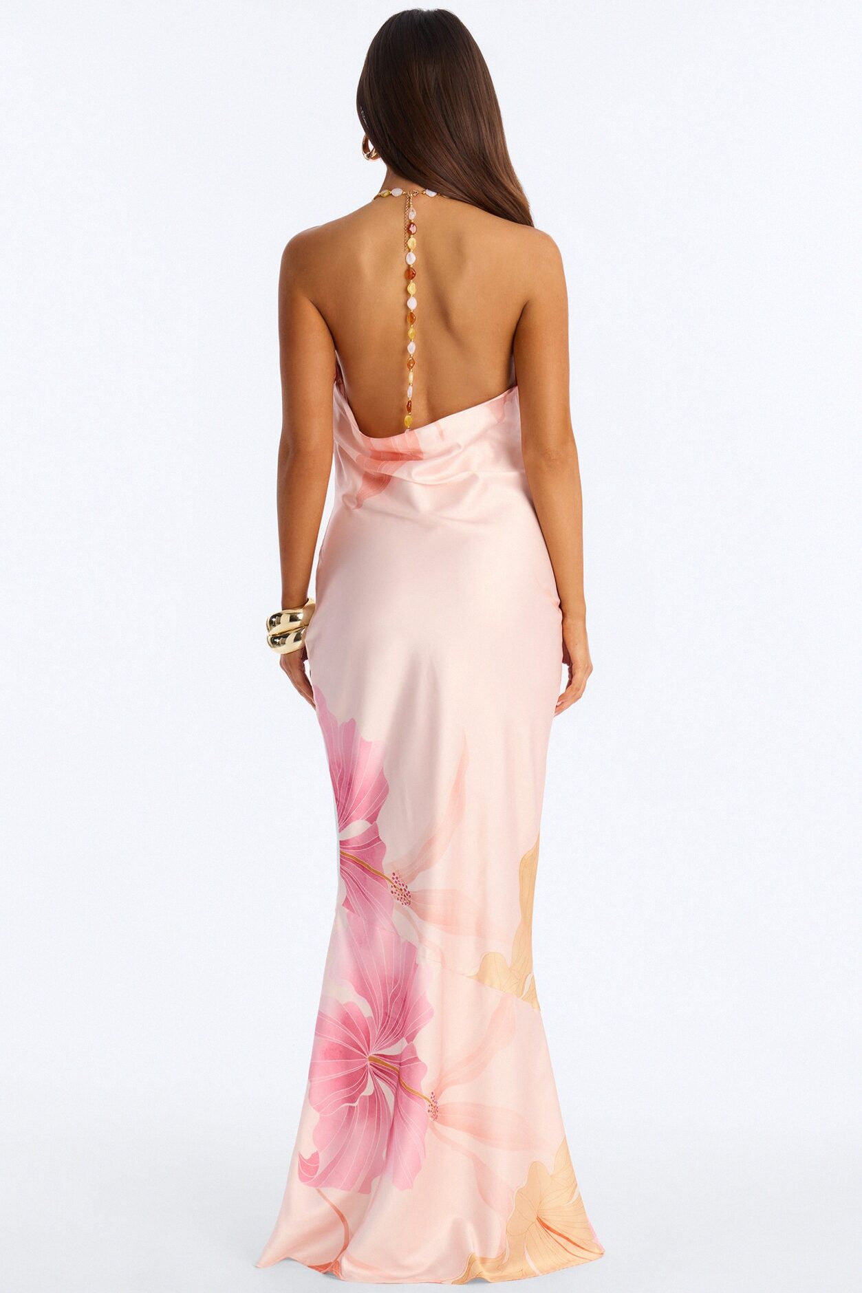 Sunkissed Dreams Backless Satin Maxi Dress - Peach/combo
