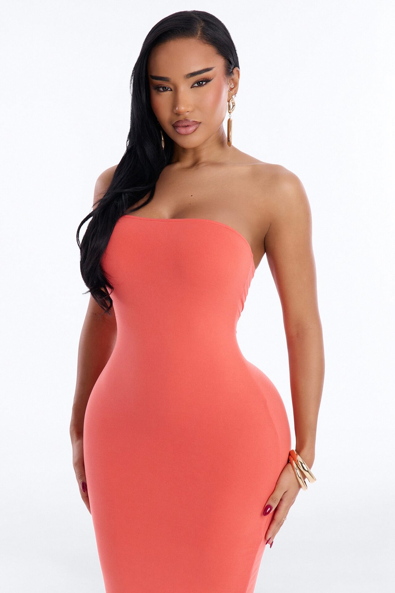 Kimmy Double Lined Strapless Midi Dress - Coral