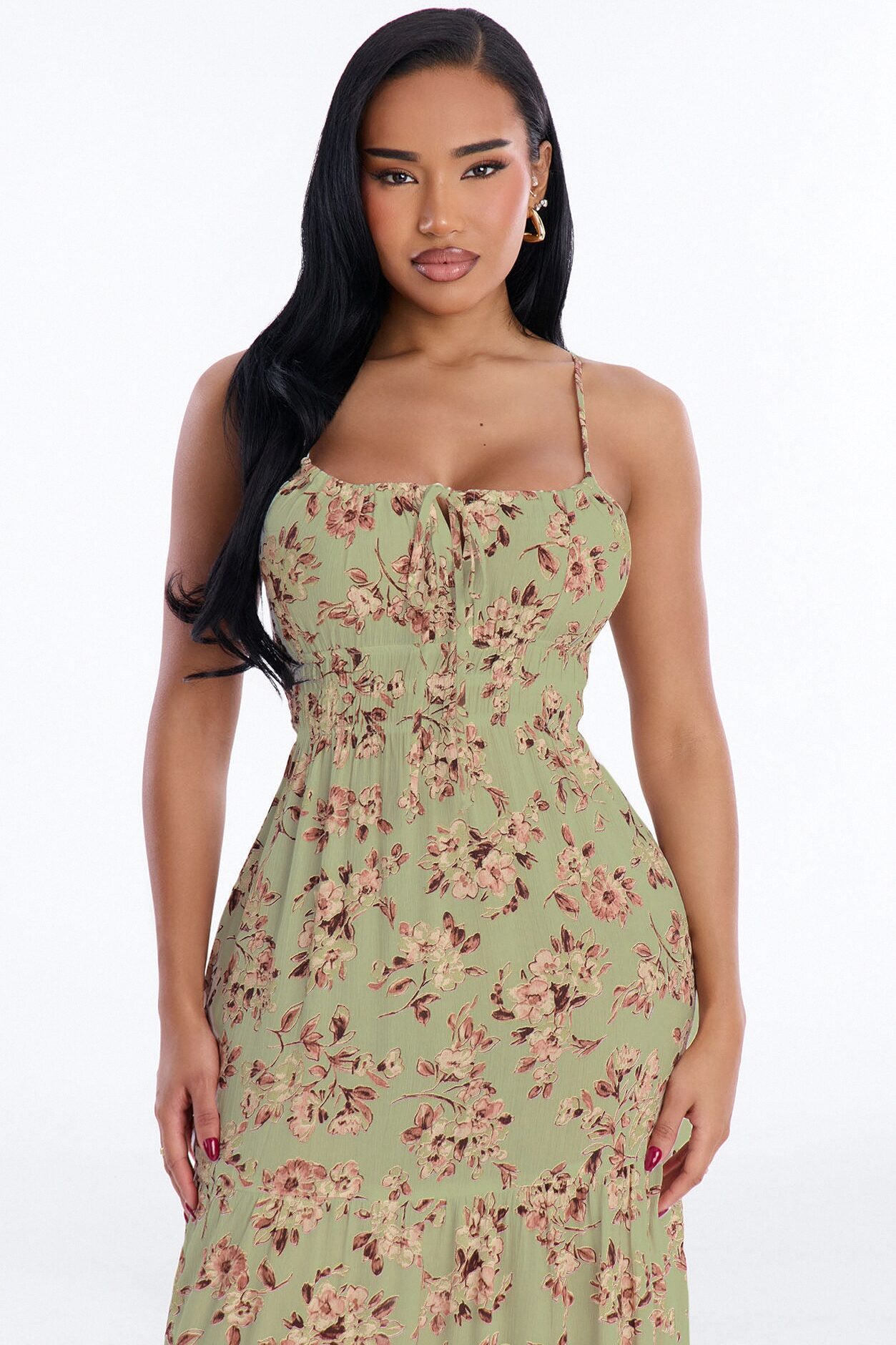 Anneliese Floral Rayon Midi Dress - Olive