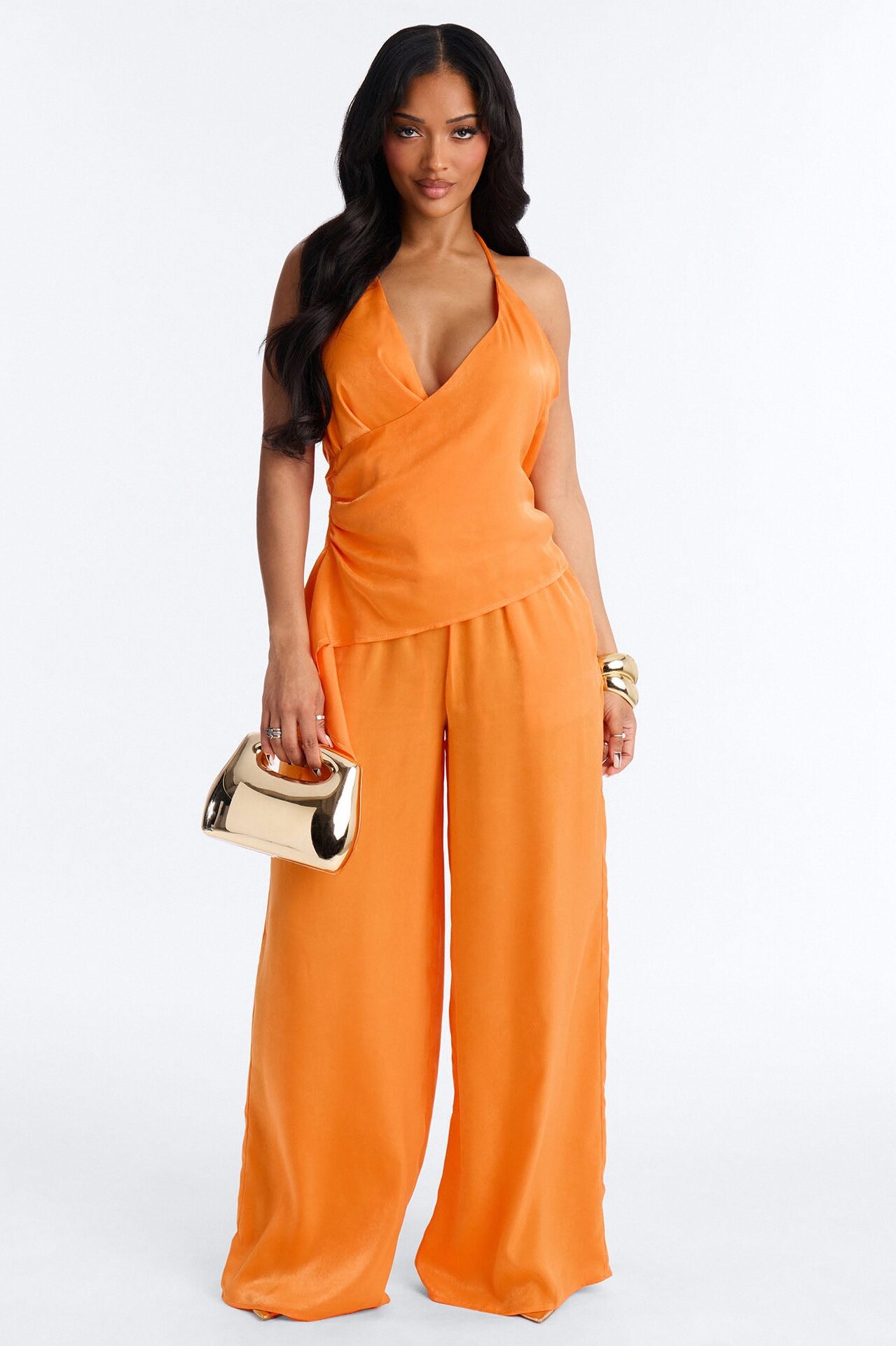 Normani Satin Halter Pant Set - Orange