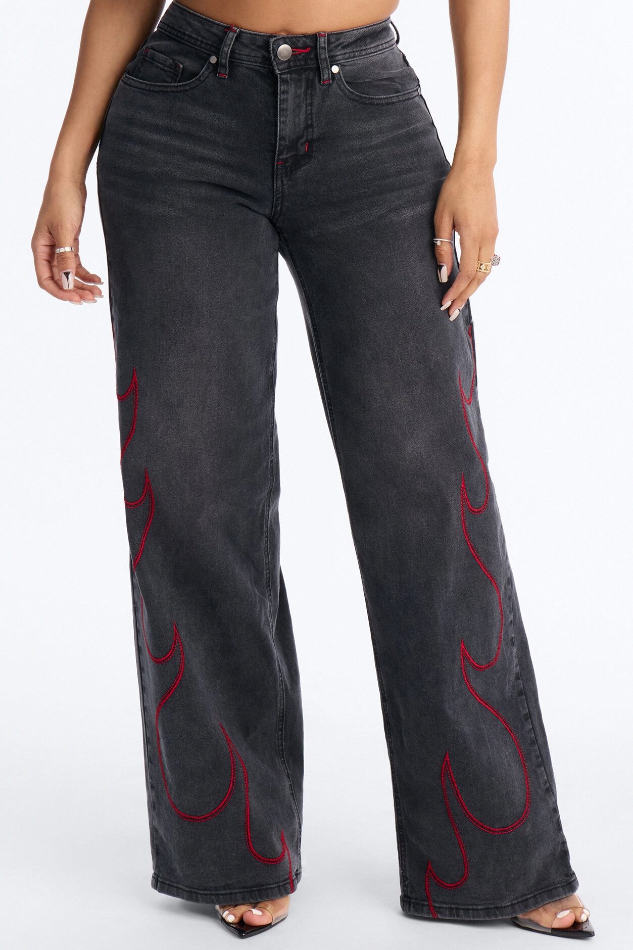 Ignite Old Flame Embroidered Wide Leg Jeans - Black Wash