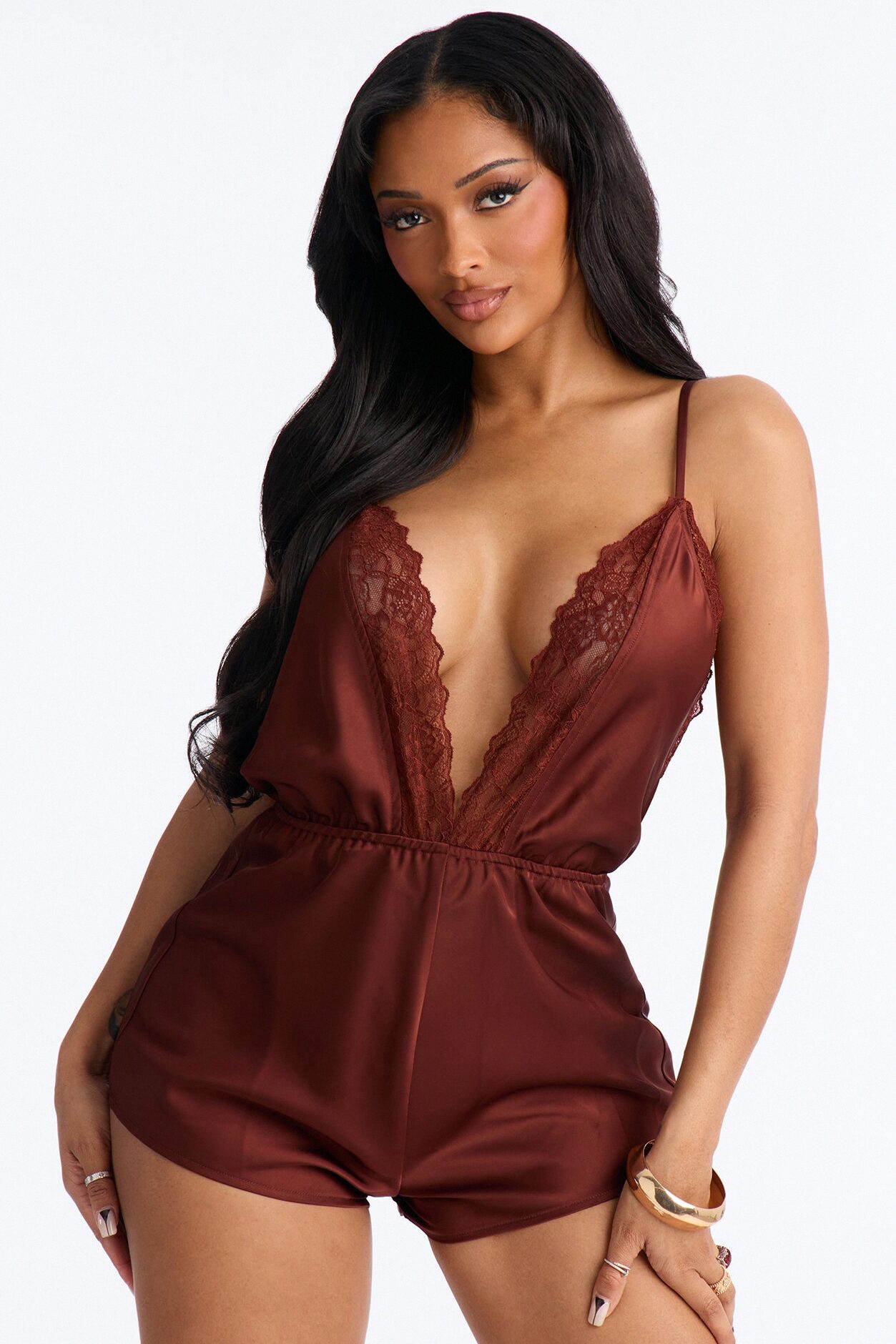 Grace Satin Backless Micro Romper - Chocolate