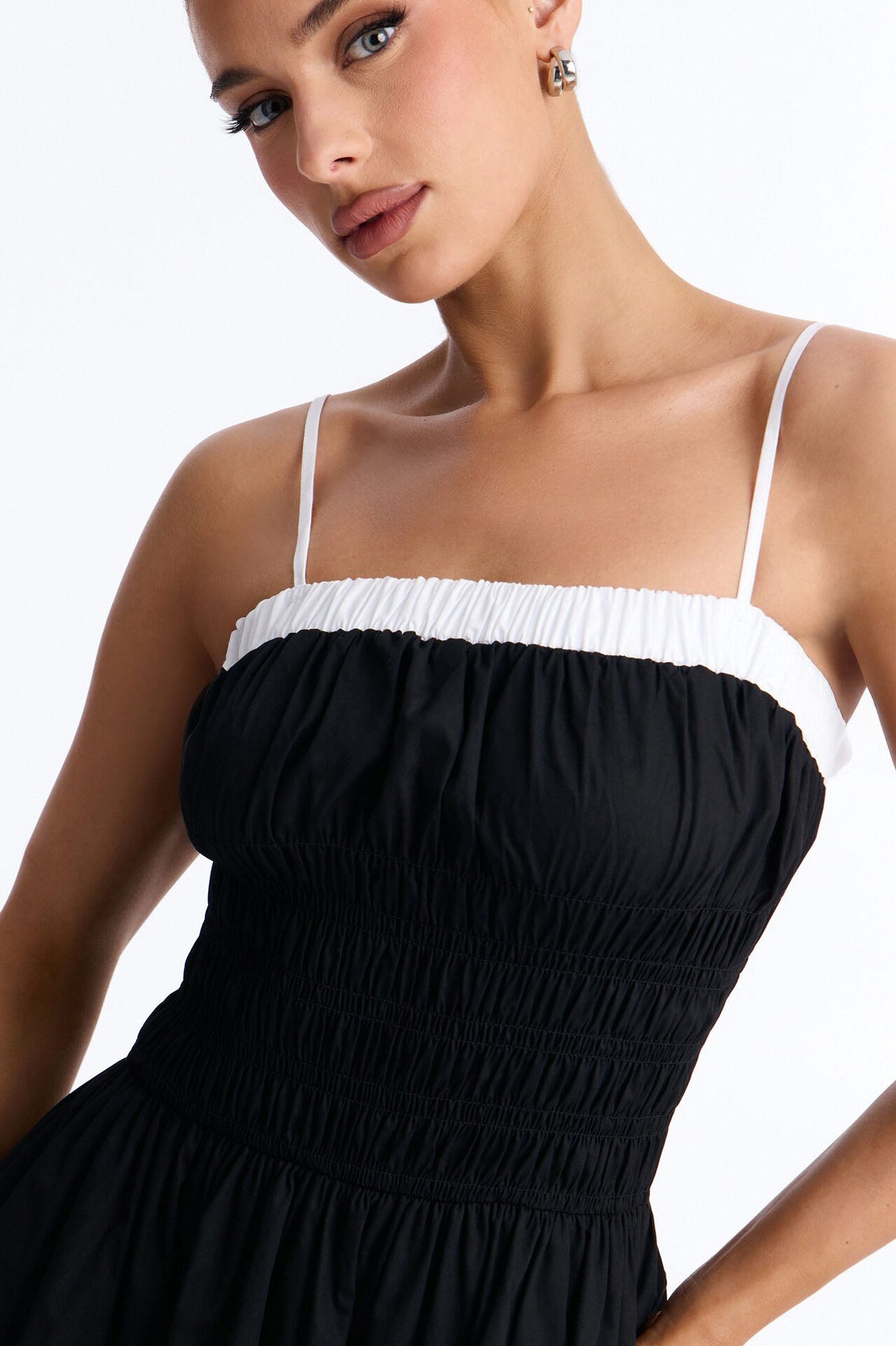 Sabrina Ruched Poplin Midi Dress - Black/White