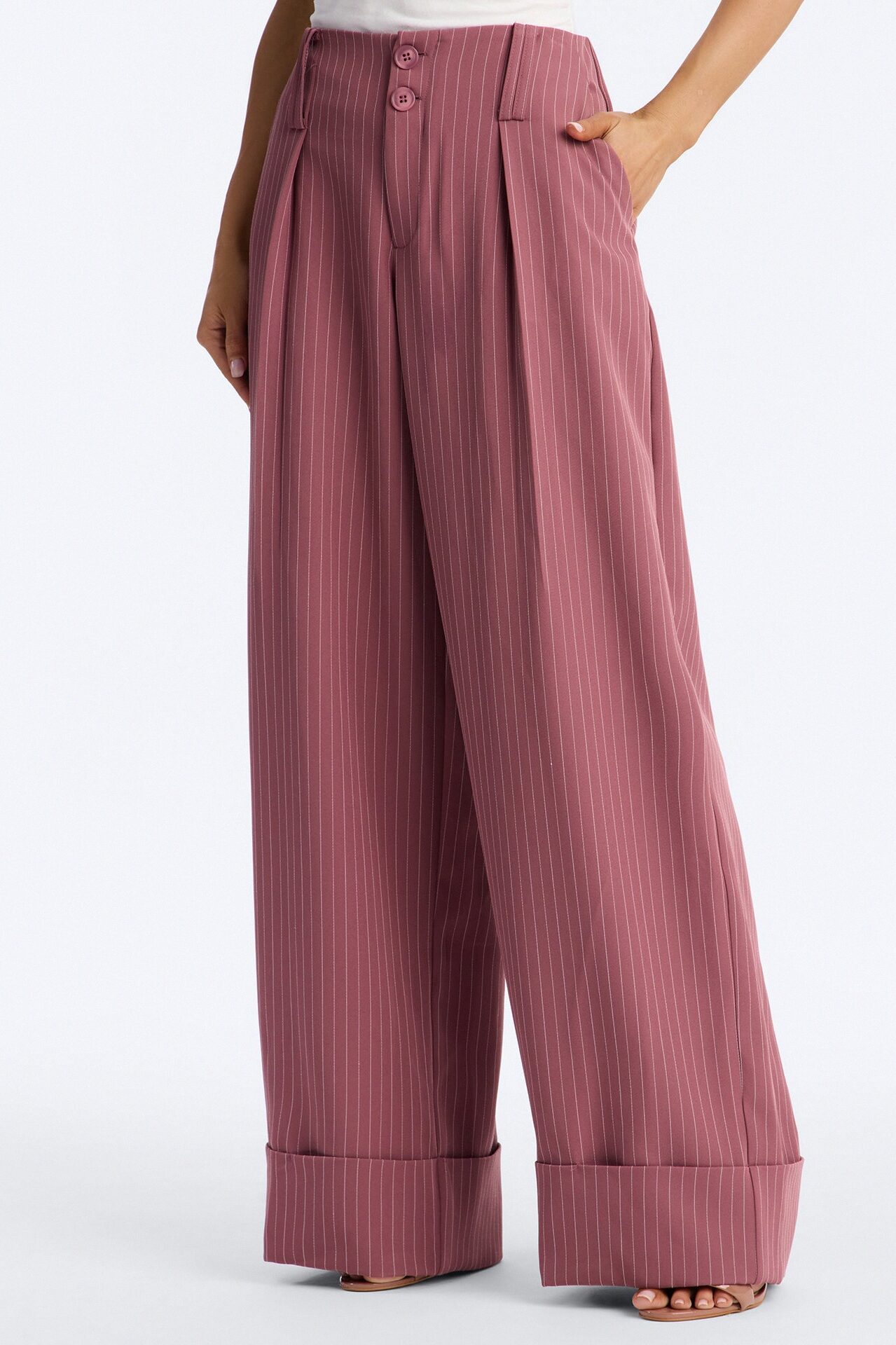 Adalyn Mid Rise Pinstripe Wide Leg Trouser Pant 33″ - Mauve