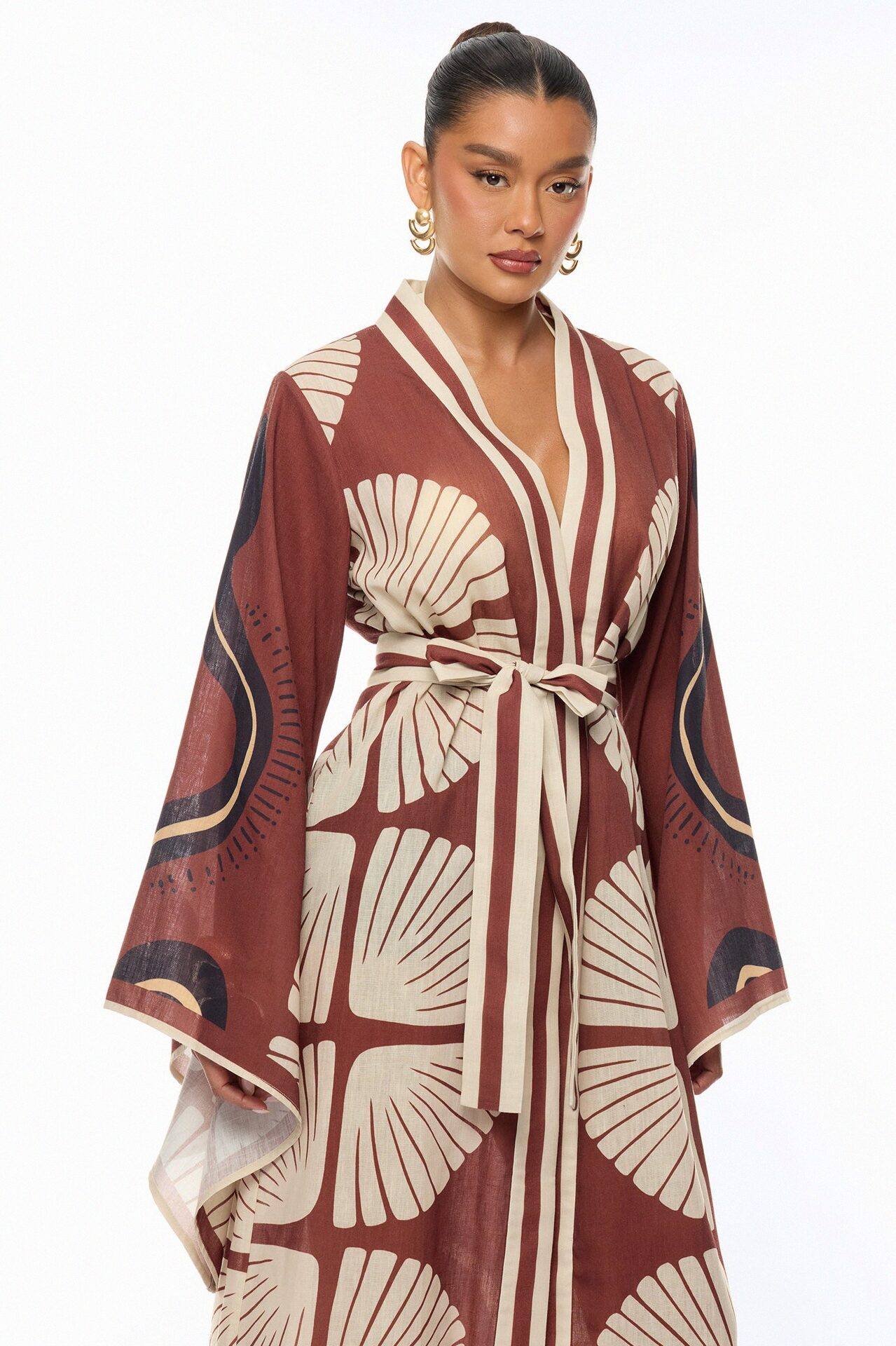 Sara Bell Sleeve Linen Kimono - Brown/combo
