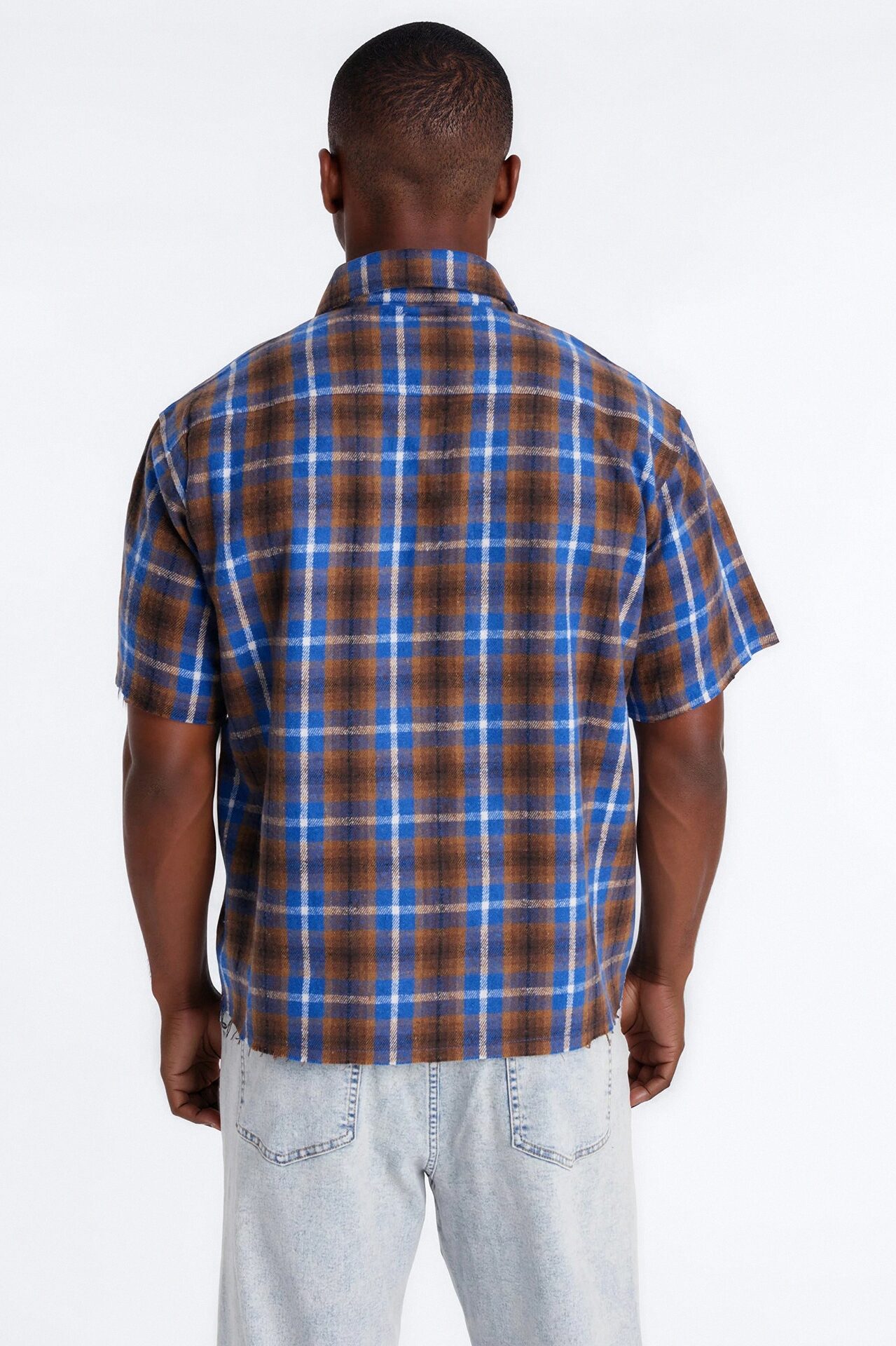 Jeweled Plaid Raw Hem Button Up Shirt - Blue