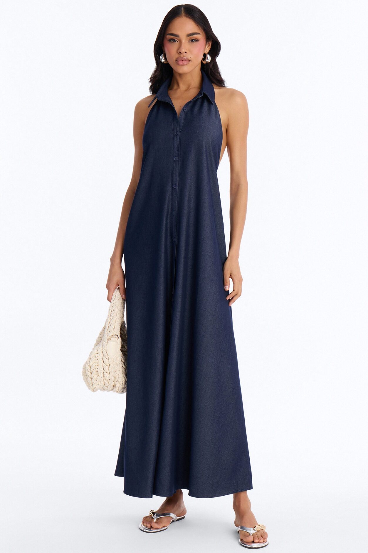 Kristi Halter Denim Maxi Dress - Dark Denim